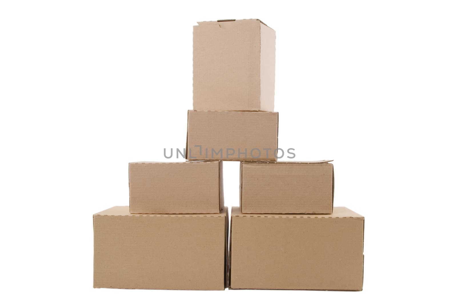 Brown cardboard boxes arranged in stack on white background