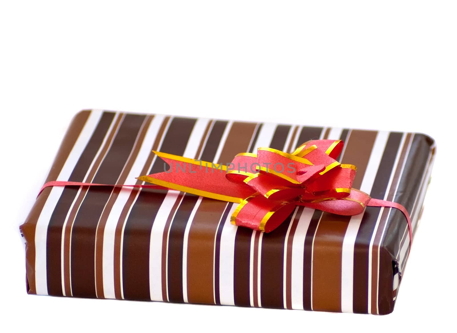 striped box with ribbon on white background