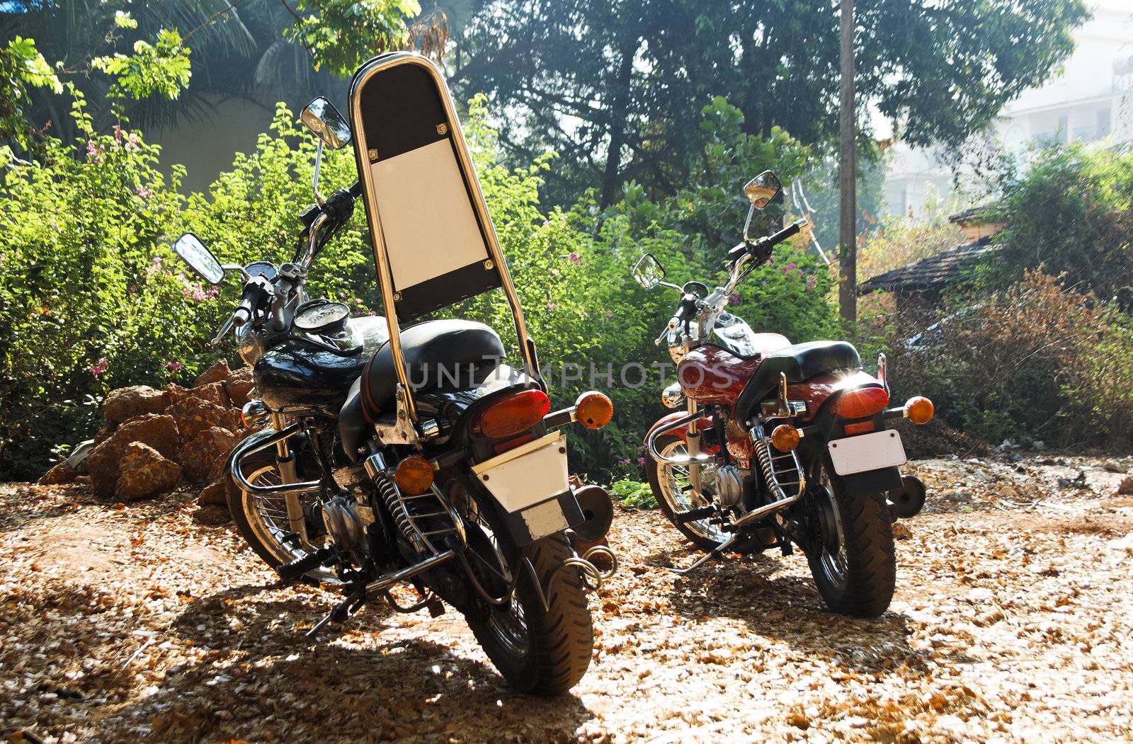 parked up in Goa, India, motor cycles on waste ground under the shade of a tree