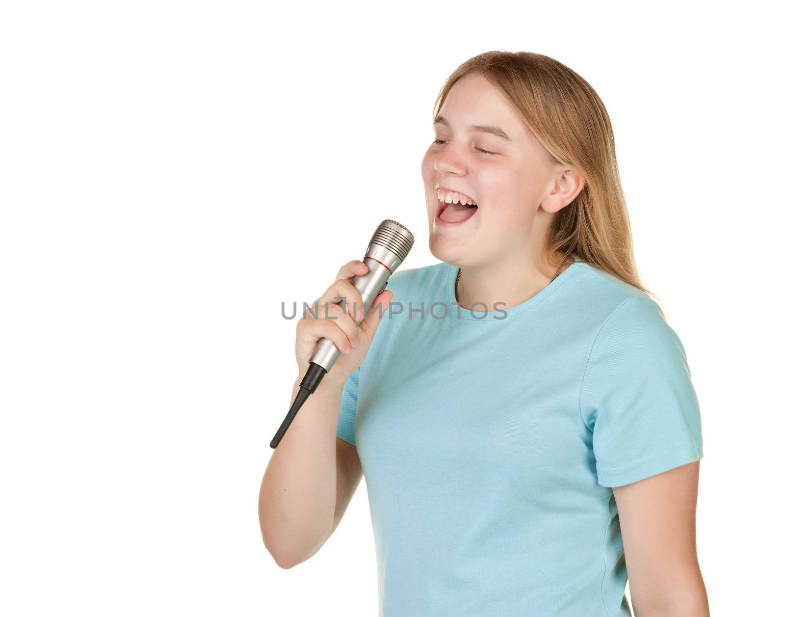 teenage girl singing karaoke isolated on white
