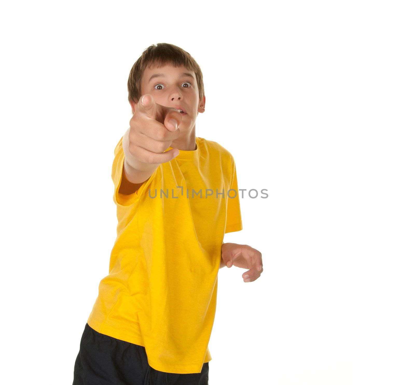 boy pointing towards the camera isolated white