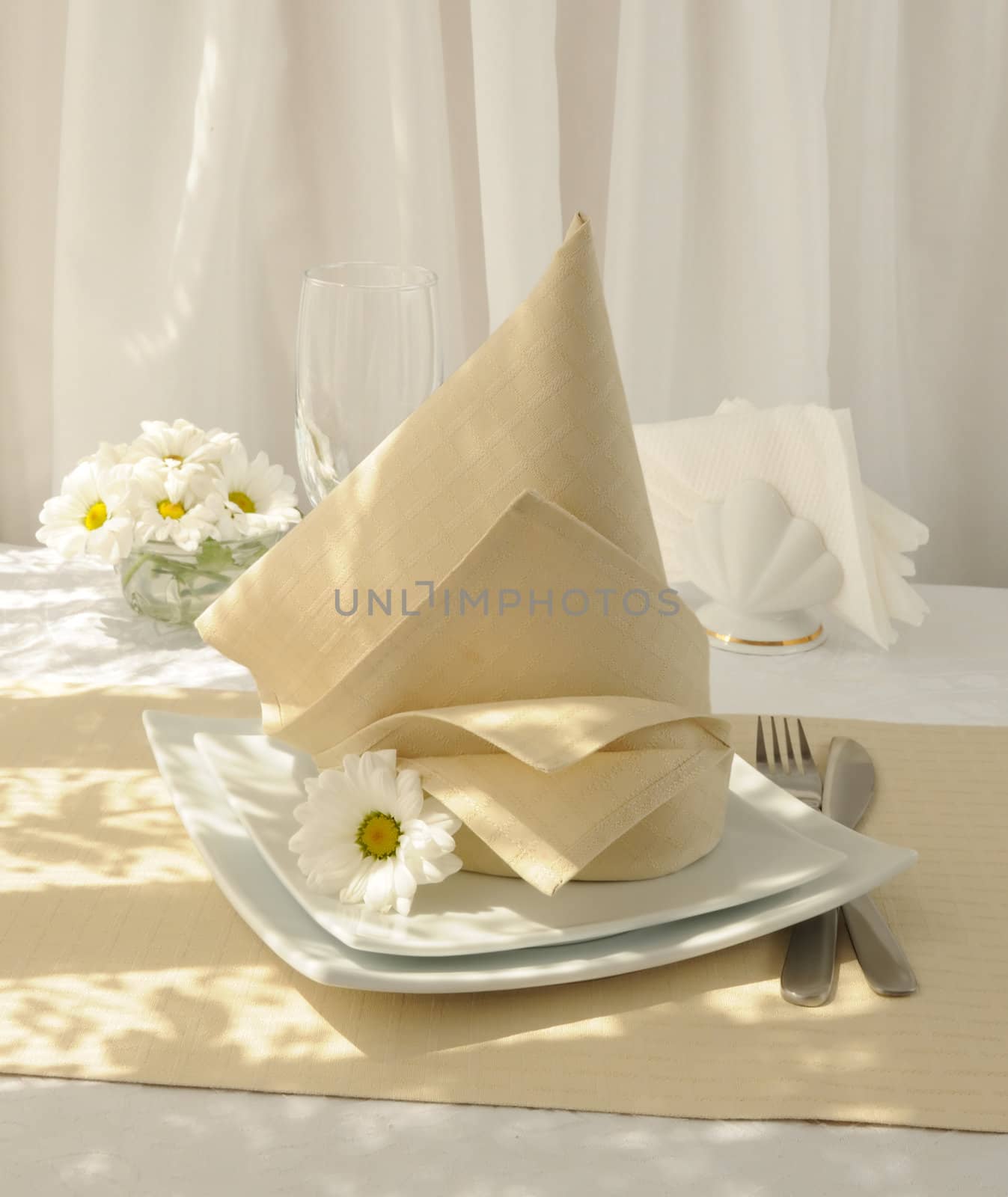 Coordinated decorative napkin on a plate with cutlery