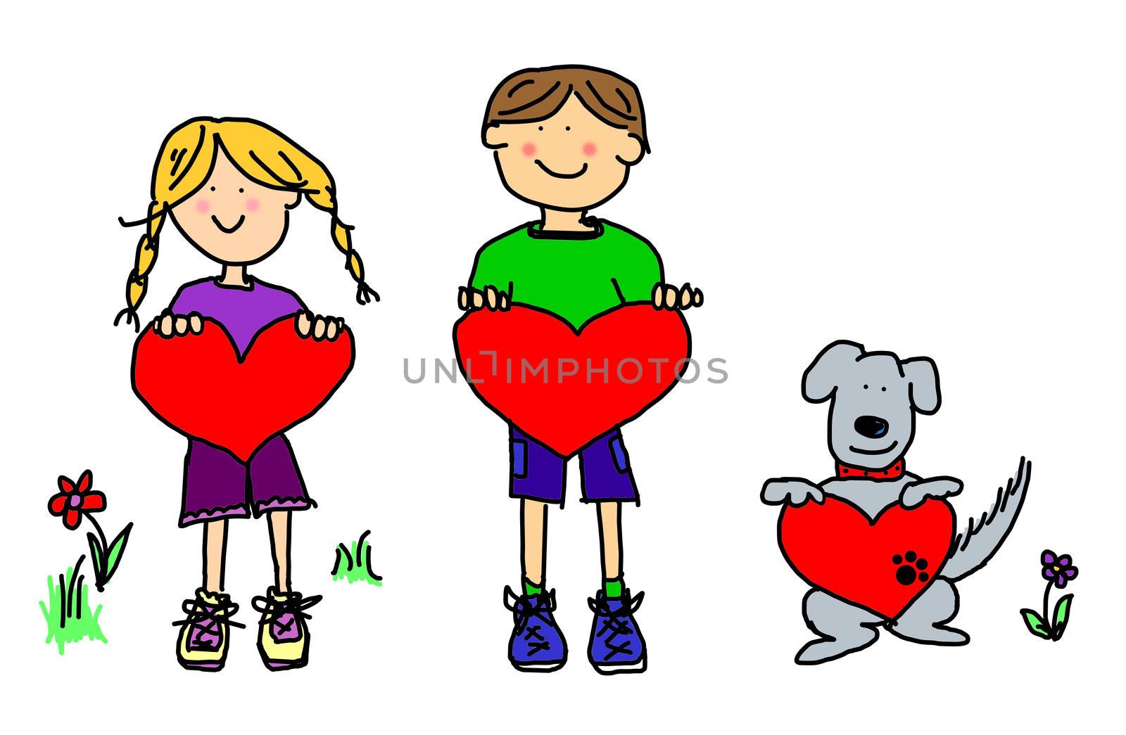 Fun boy, girl and dog cartoon outline holding blank heart shape signs.