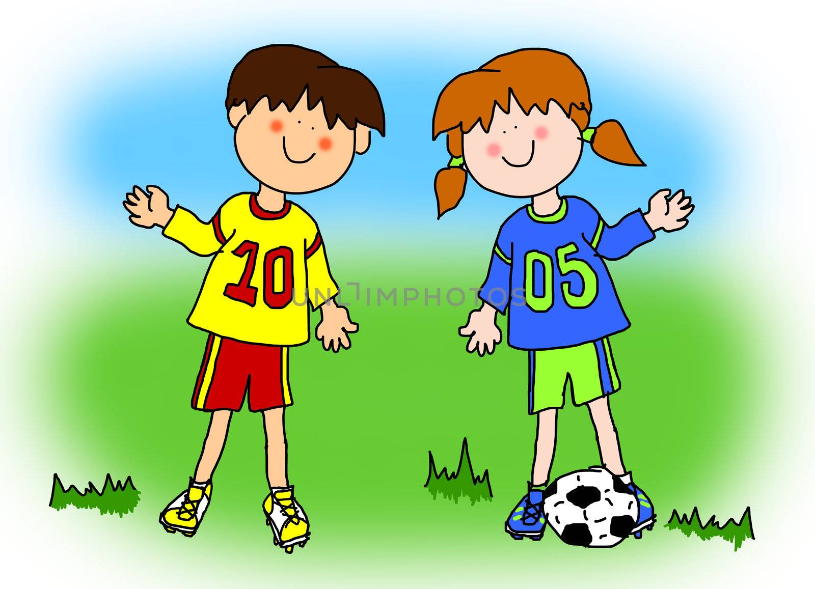 Fun boy and girl cartoon outline playing soccer or football in their team uniform (large format).