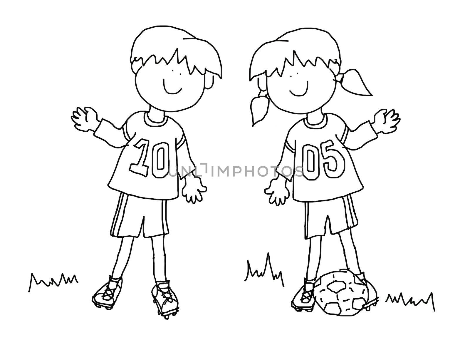 Fun boy and girl cartoon outline playing soccer or football in their team uniform (large format).