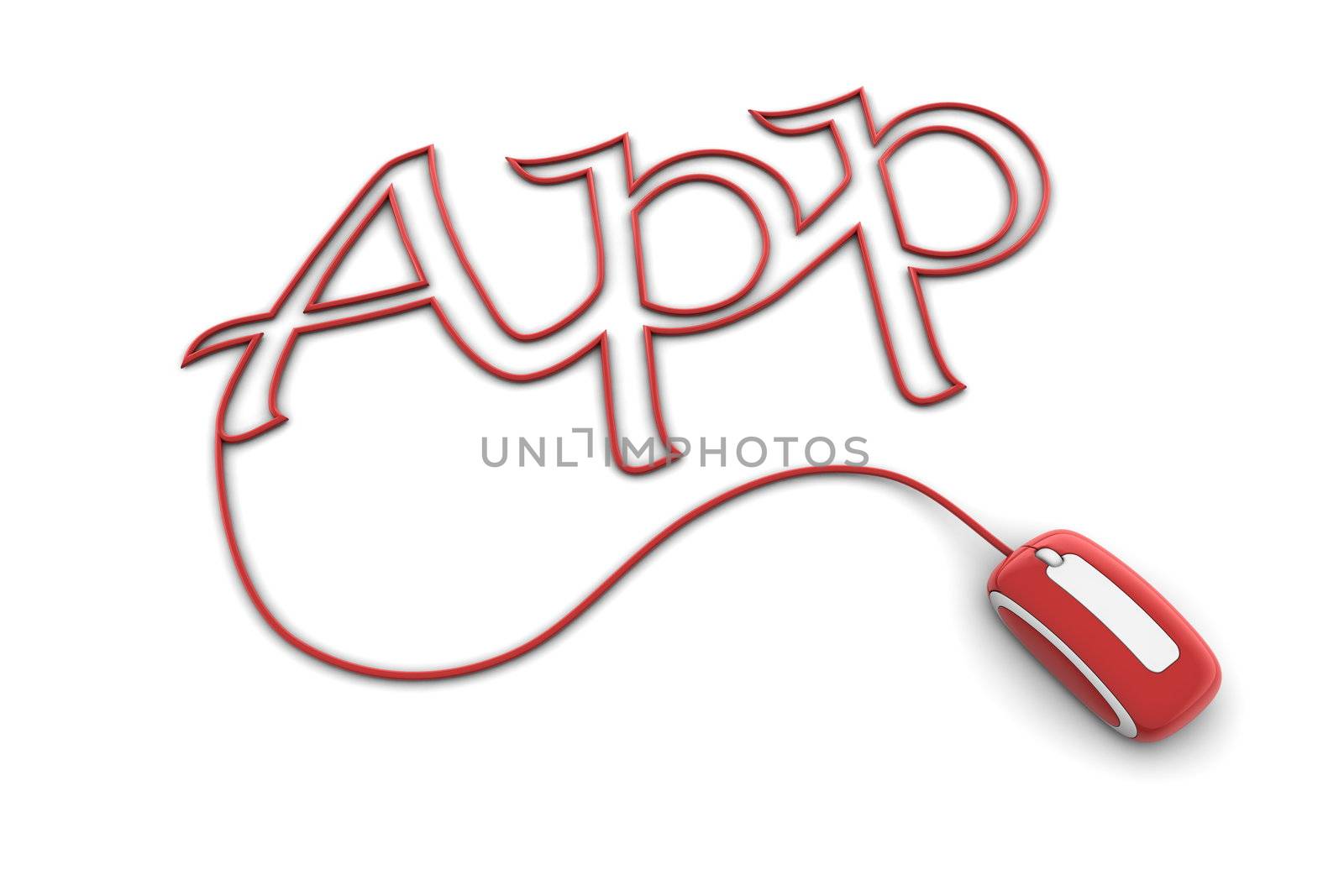 modern glossy red computer mouse is connected to the shiny red word App - letters are formed by the mouse cable