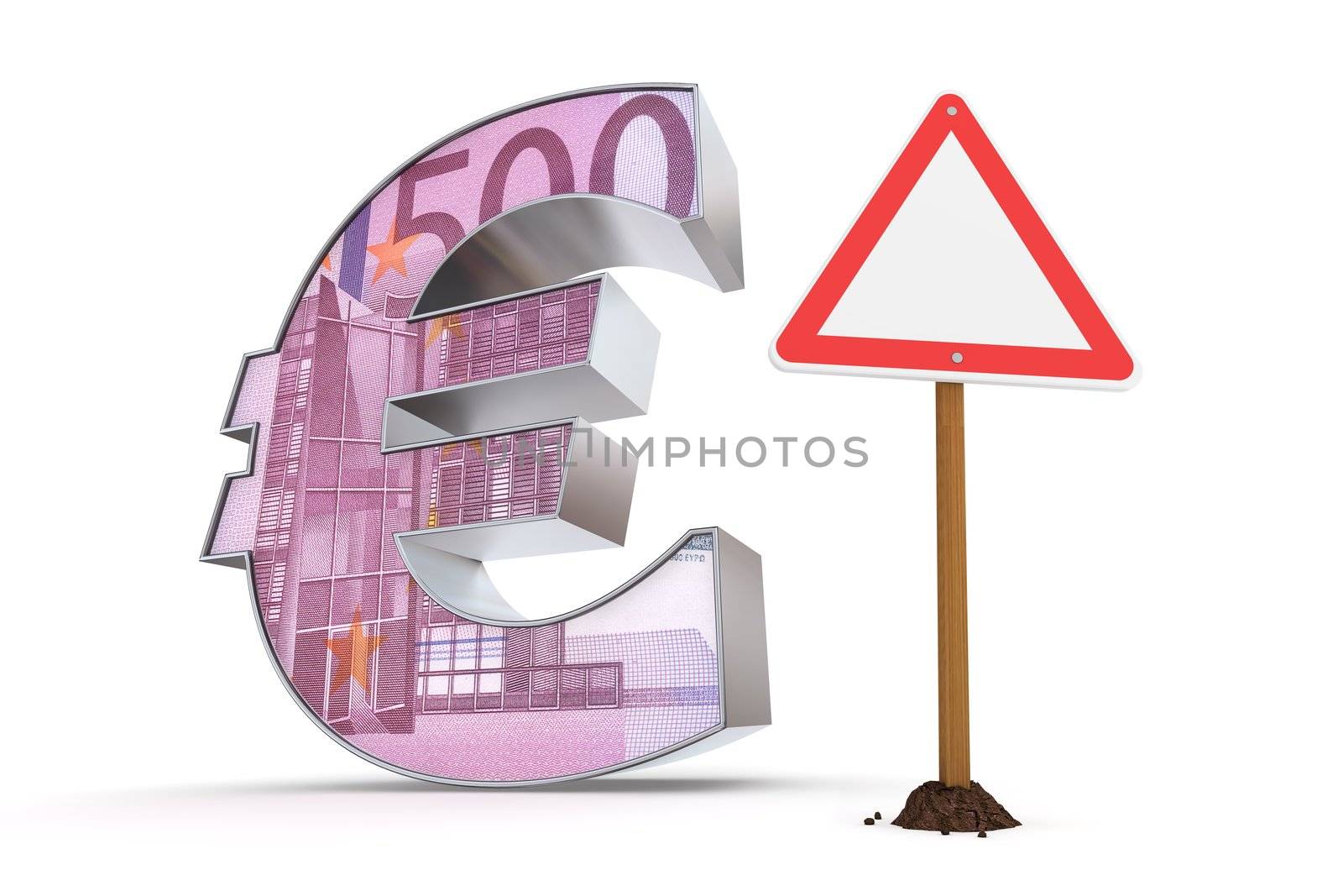shiny metallic Euro symbol with a 500 Euro banknote texture on it's front - a red and white  triangular warning sign stands next to it