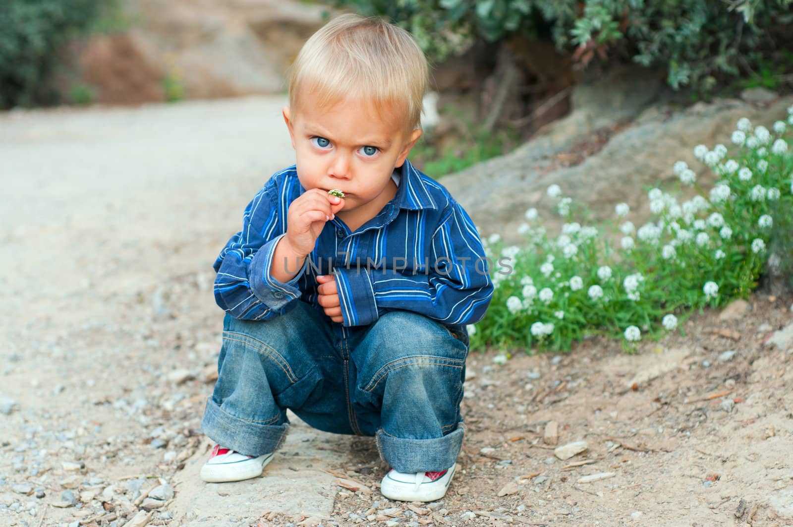 Cute 2 years old boy sitting on the footpath in the park