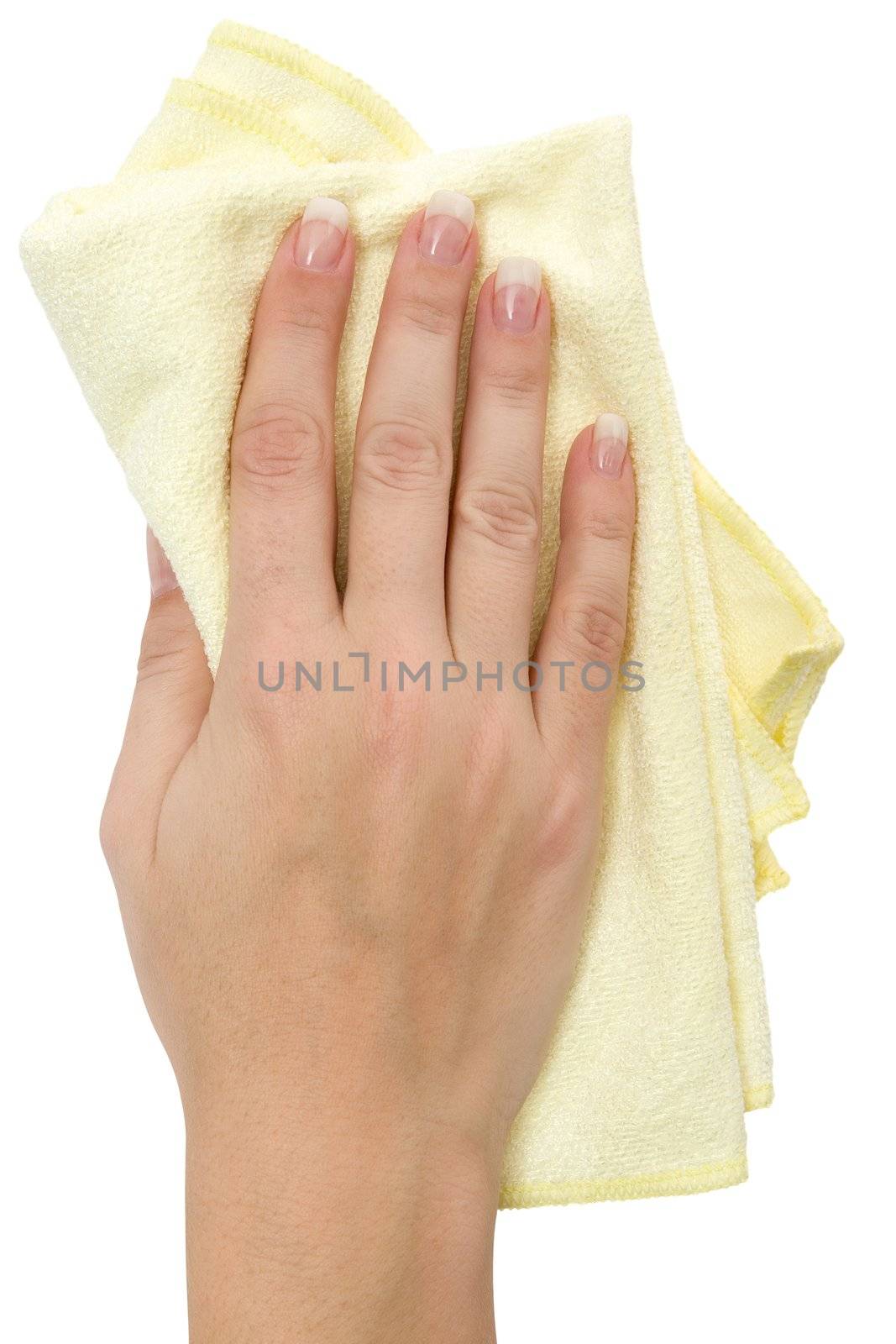 Female hand wiping with a yellow rag. Isolated on a white background.