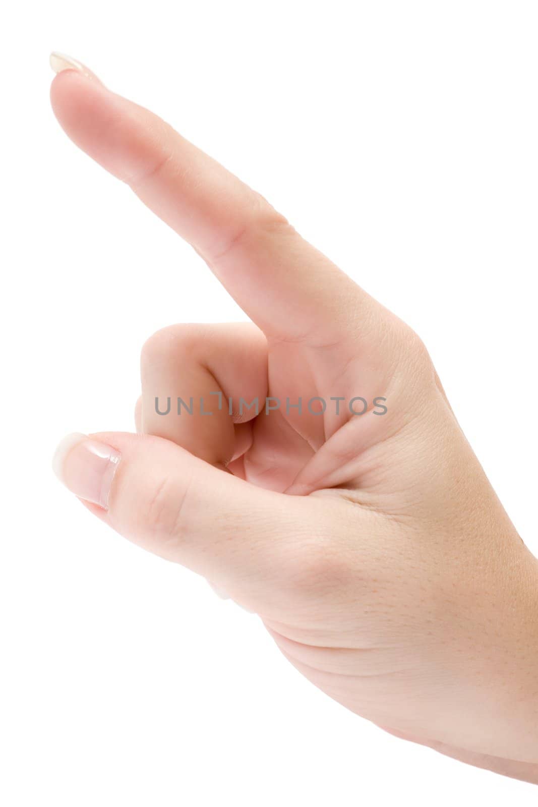 Female indexfinger pointing up. Isolated on a white background.