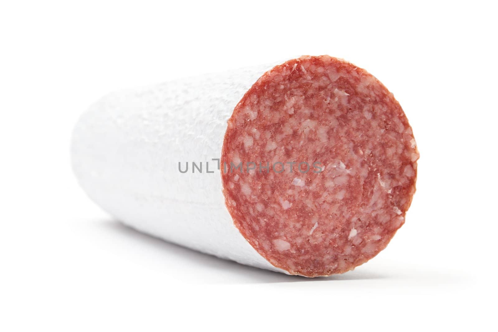 Piece of salami. White background.