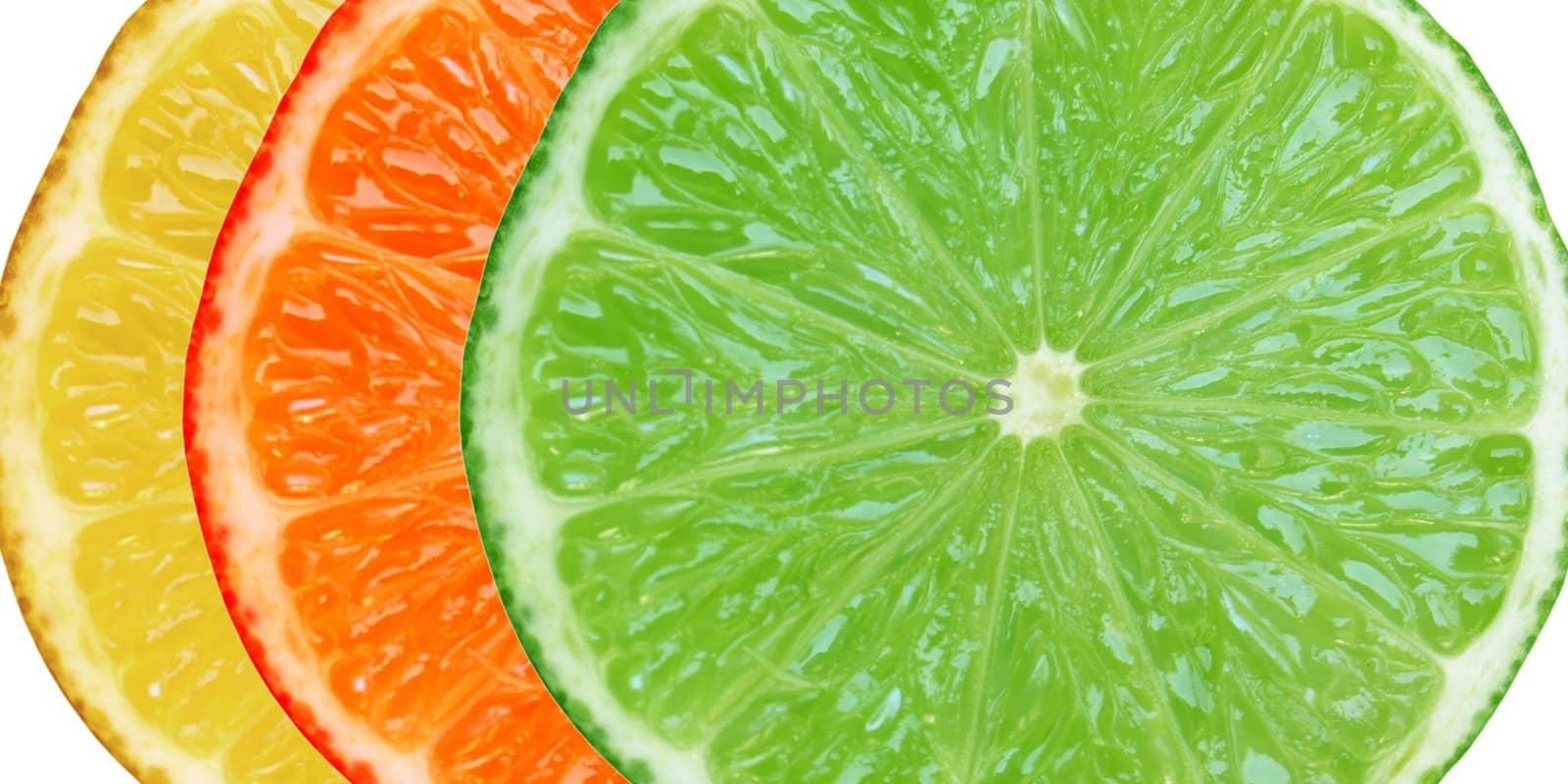 Slices of lemon lime orange citrus fruit isolated on white