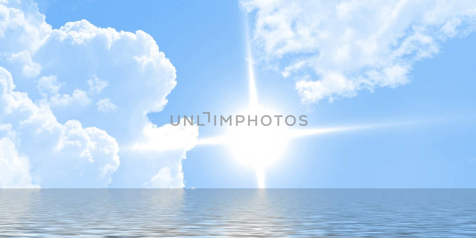 Blue sunny sky with clouds, over the sea