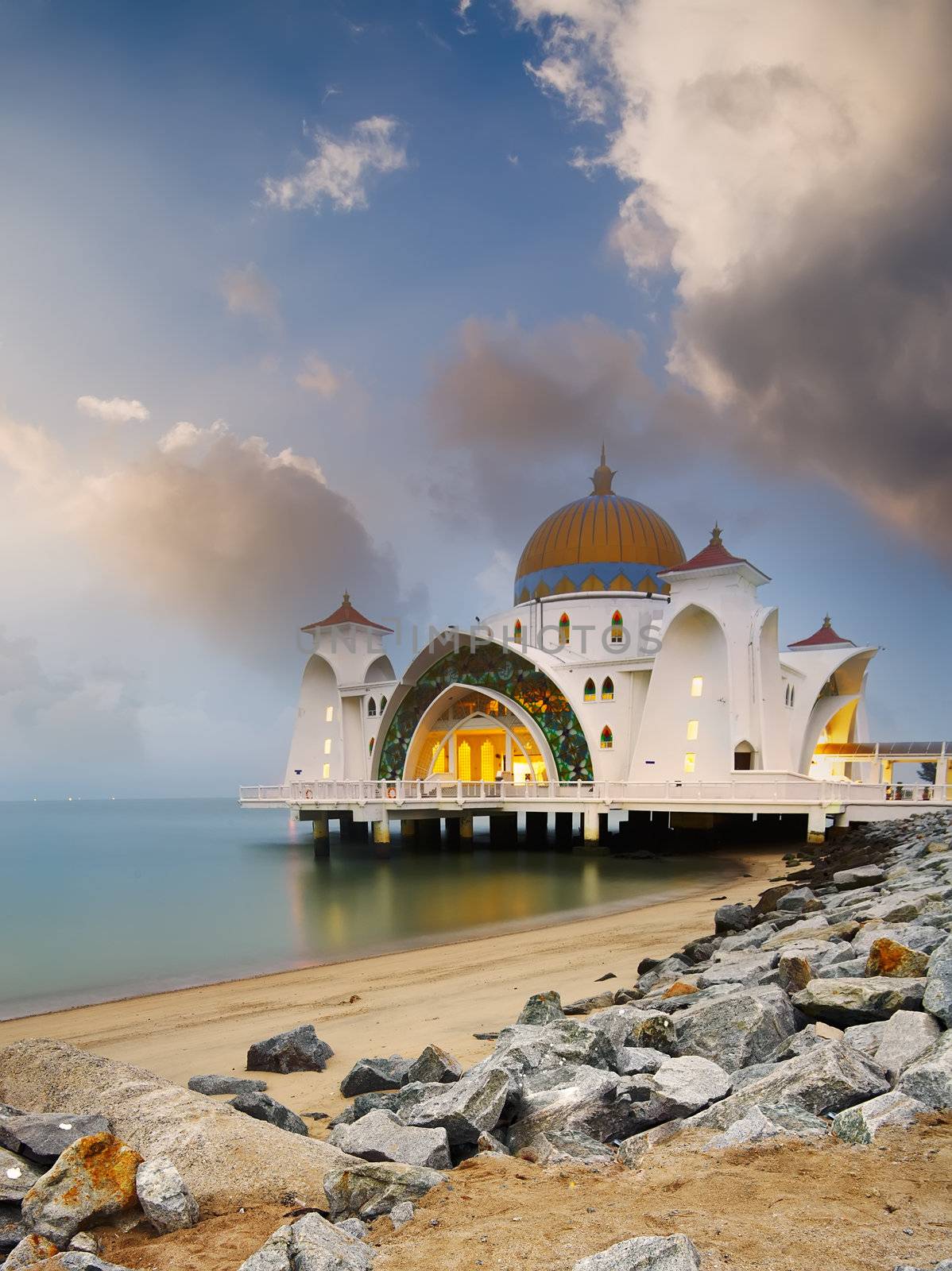 Landscape of famous floating mosque on water of sea in Malacca, Malaysia, Asia.