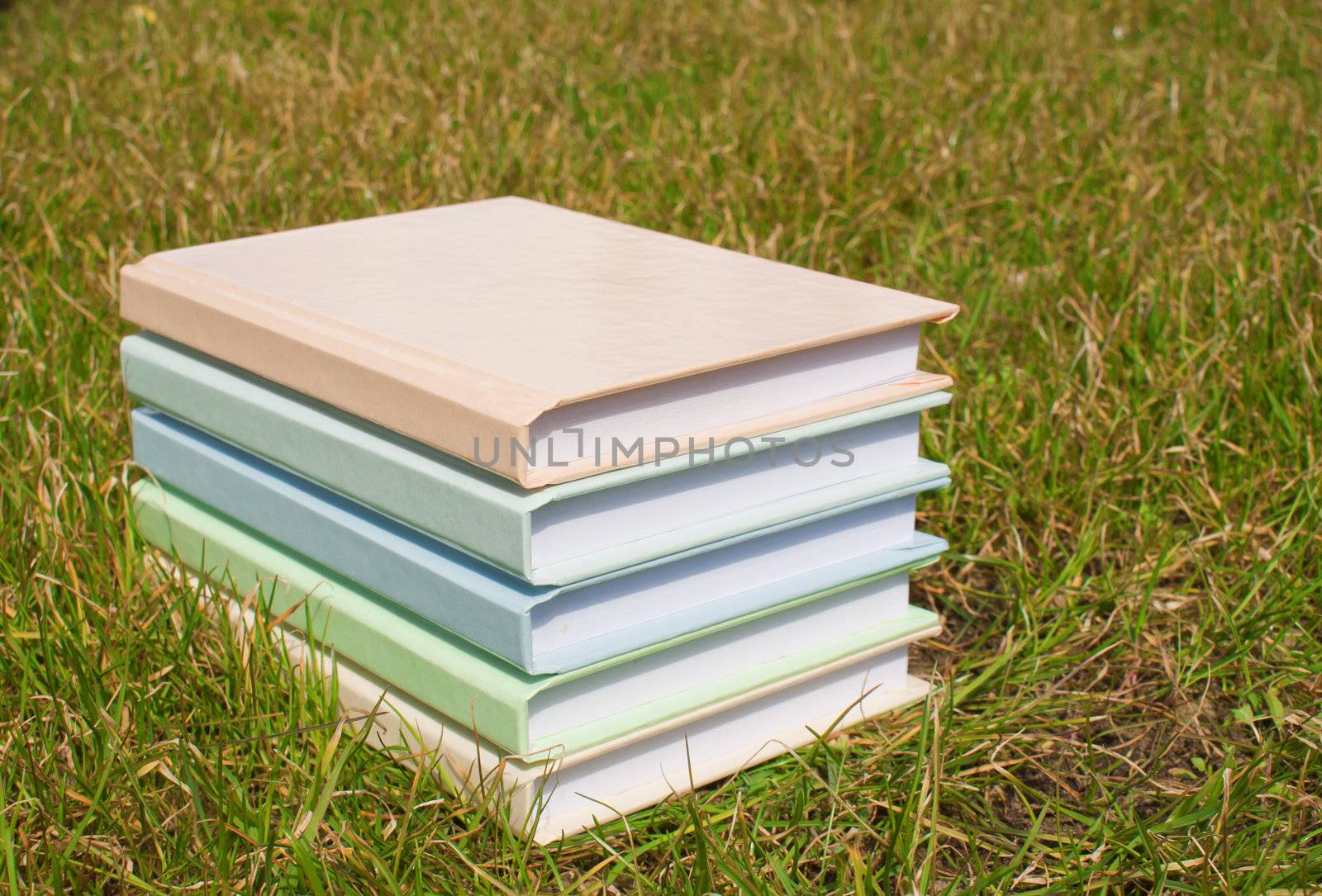 Stack of the books laying at the grass