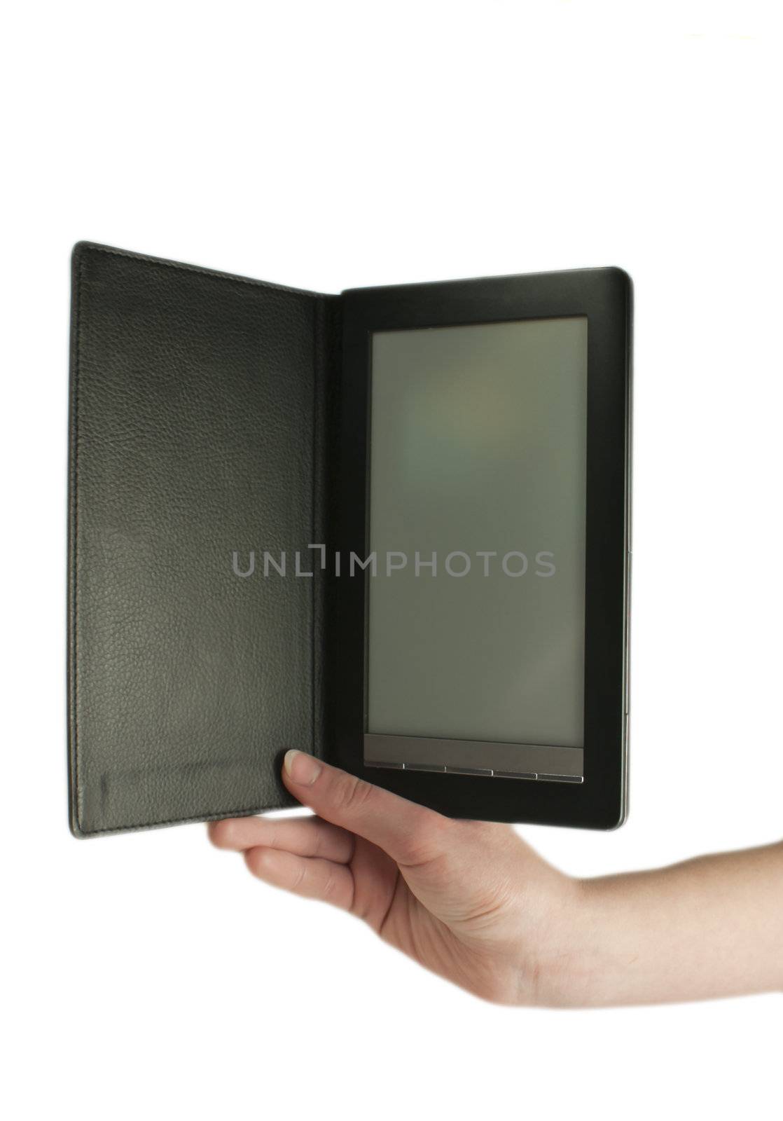 Hand holding an ebook reader on the white background