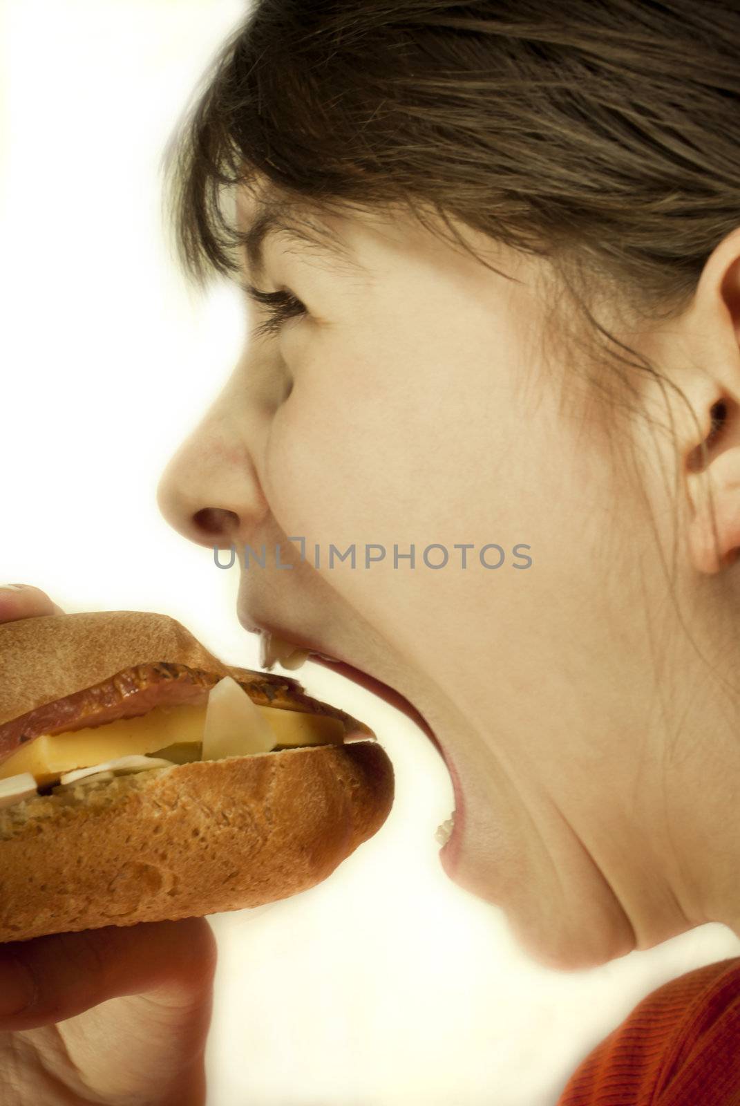 Teen girl eats a huge hamburger by AndreyKr