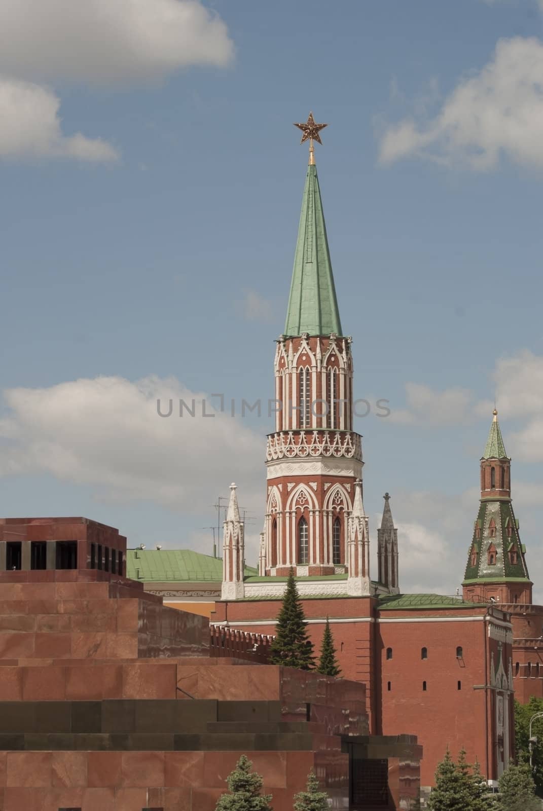 Nikolskaya tower and Mousoleum at Red Square in Moscow, Russia