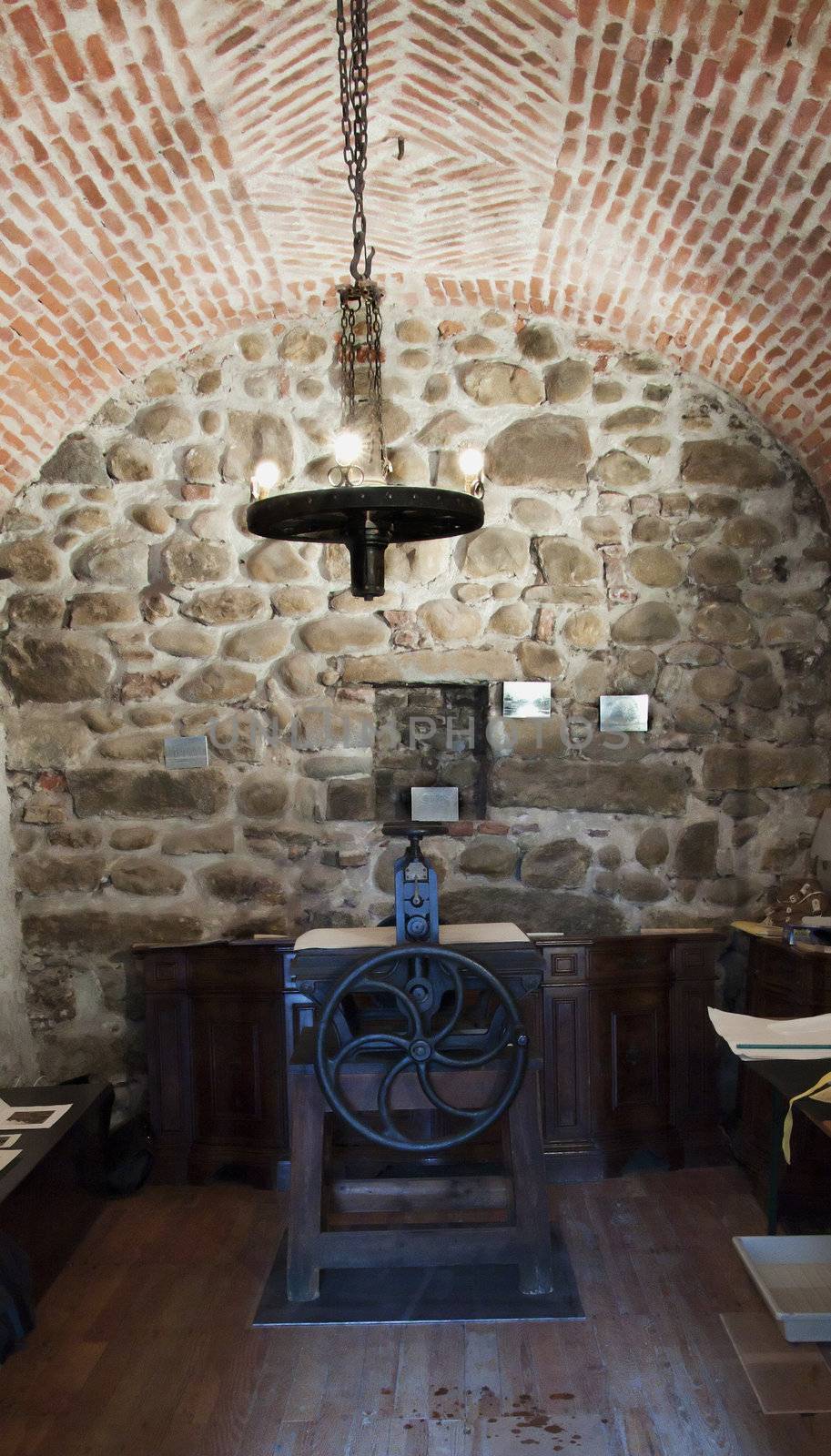 View of an old printing press in a shop