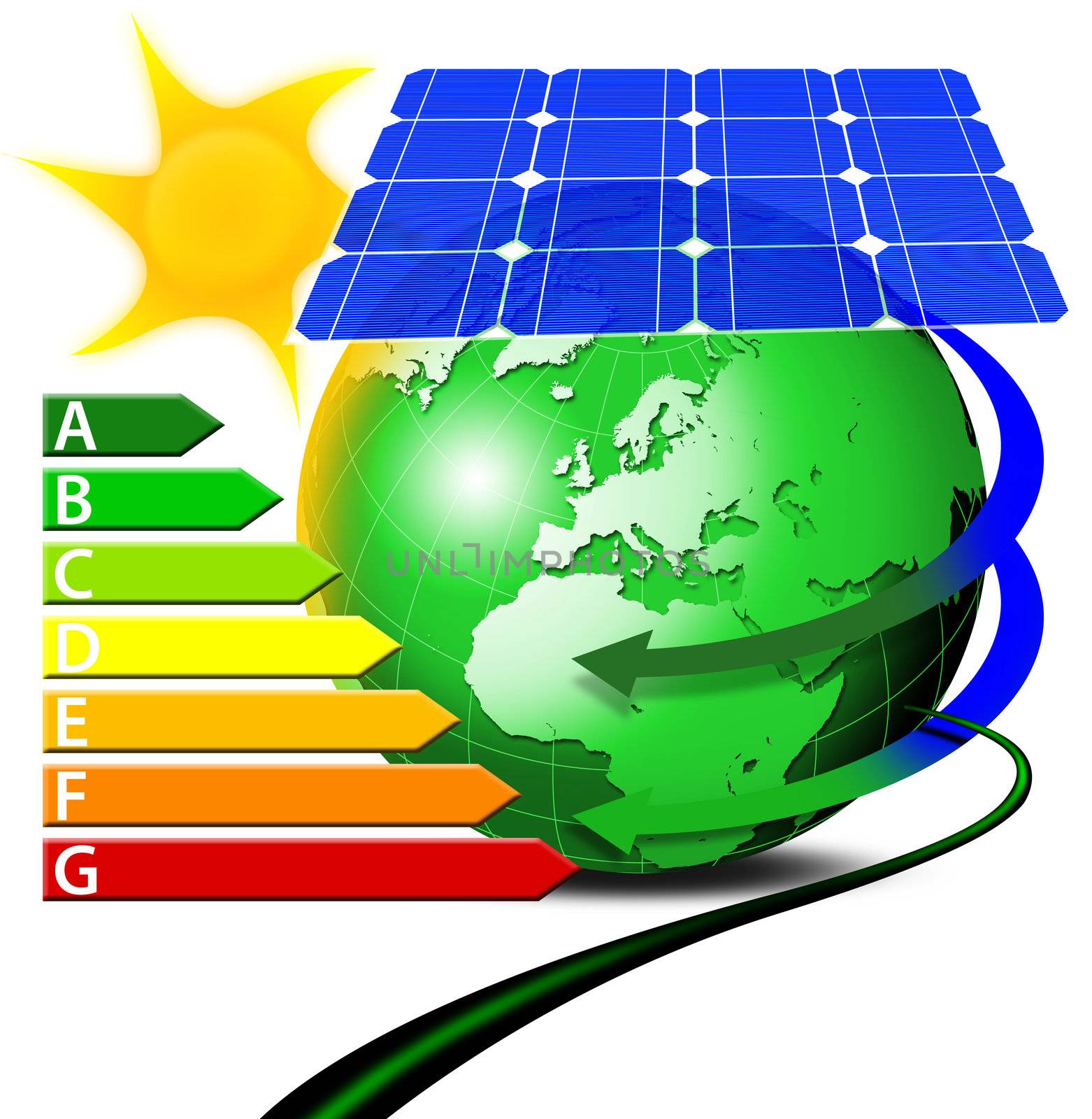 Illustration of globe blue-green with solar panels and sun, cable and power management table
