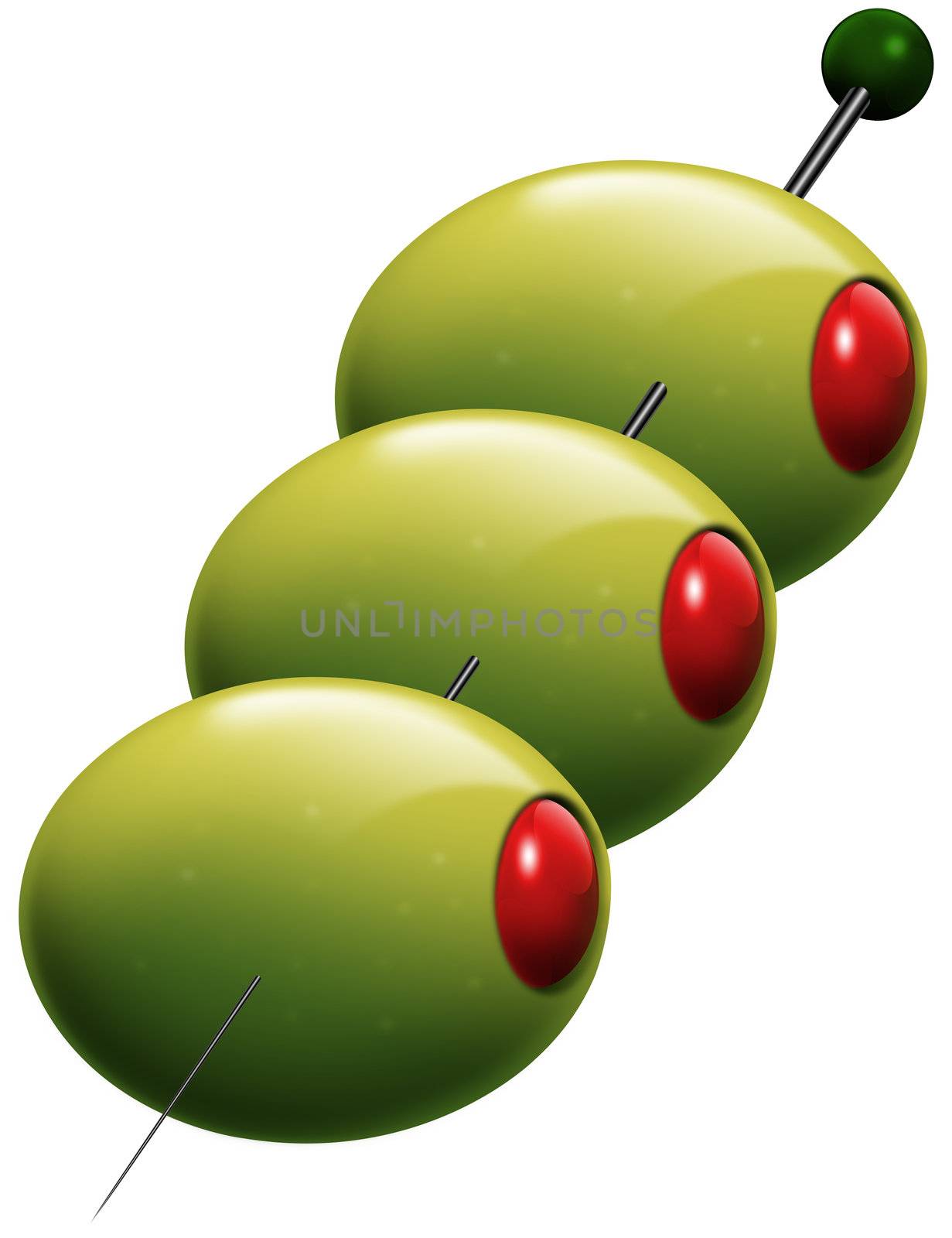 Illustration of 3 green olives stuffed with red pepper or tomato on a stick