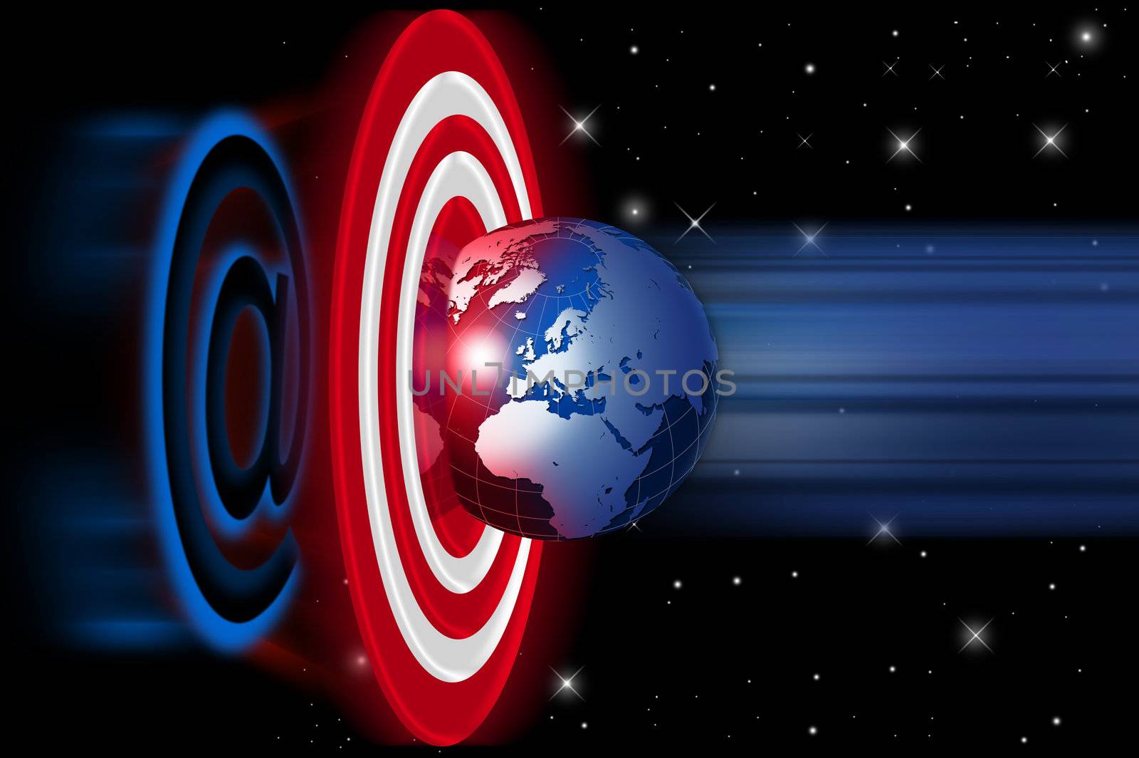 Target in the space with internet symbol and globe