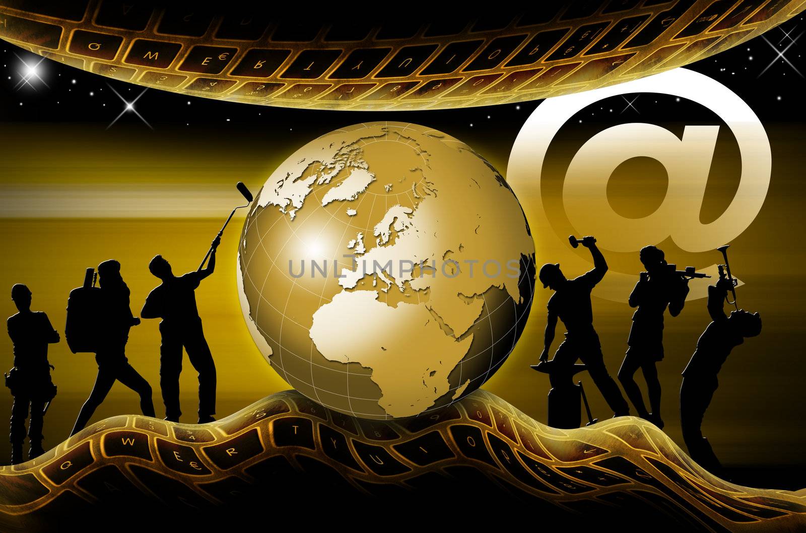 Men at work background with globe and globe-shaped keyboard with internet symbol