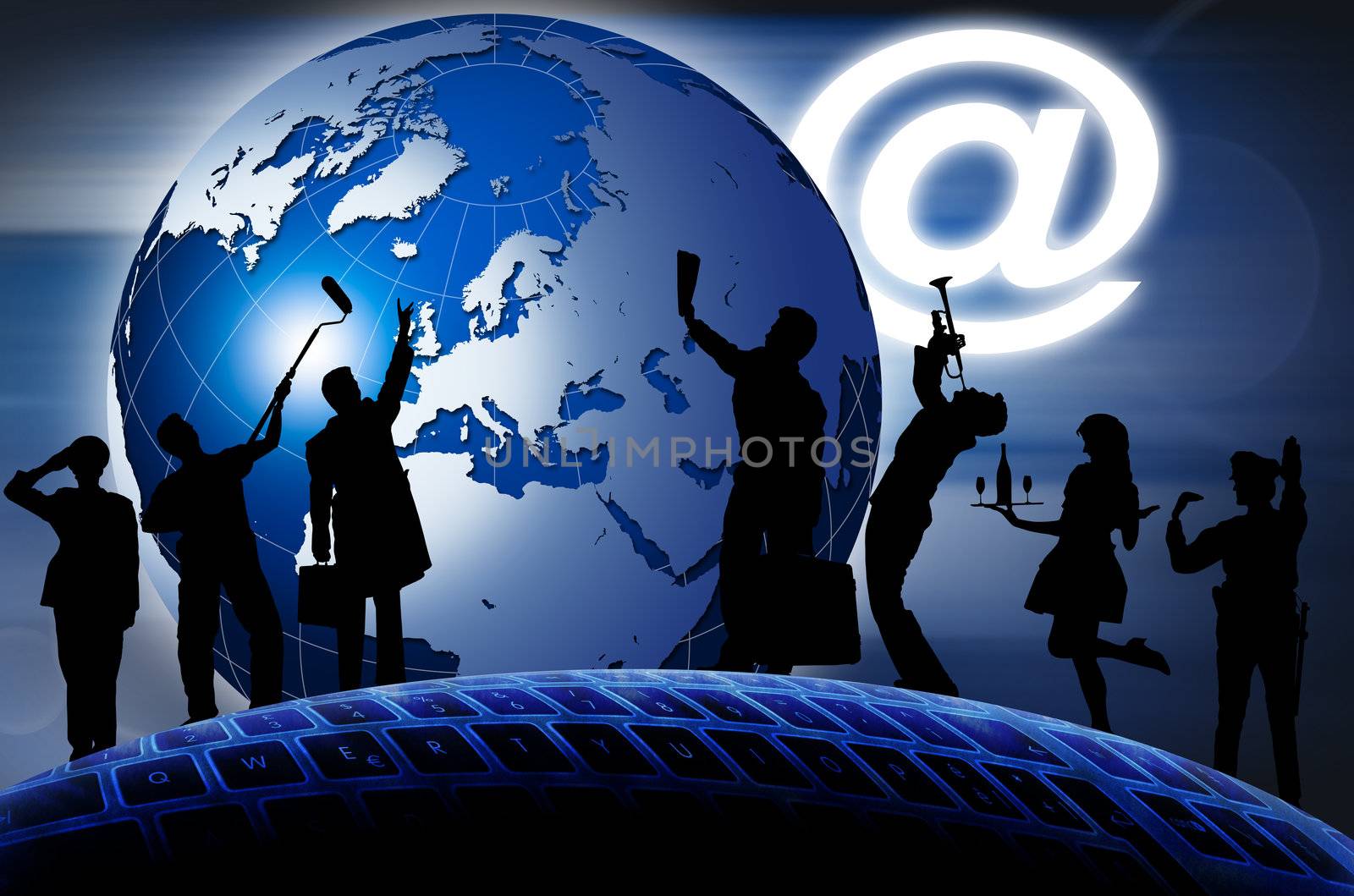 Black silhouettes of men and women at work, blue background with the world and the computer keyboard