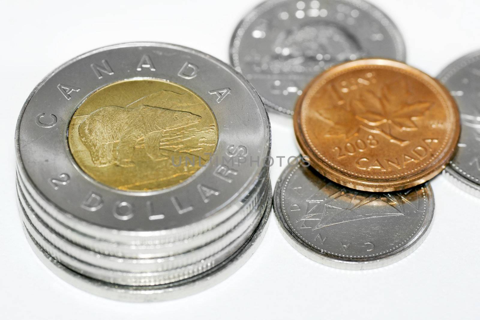 Stack of two dollar canadian coins with focus on the polar bear with other coins around including a copper cent with maple leaf.