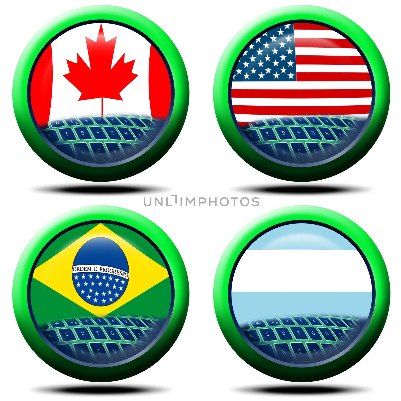 4 icons with the flag of Canada, USA, Brazil, Argentina