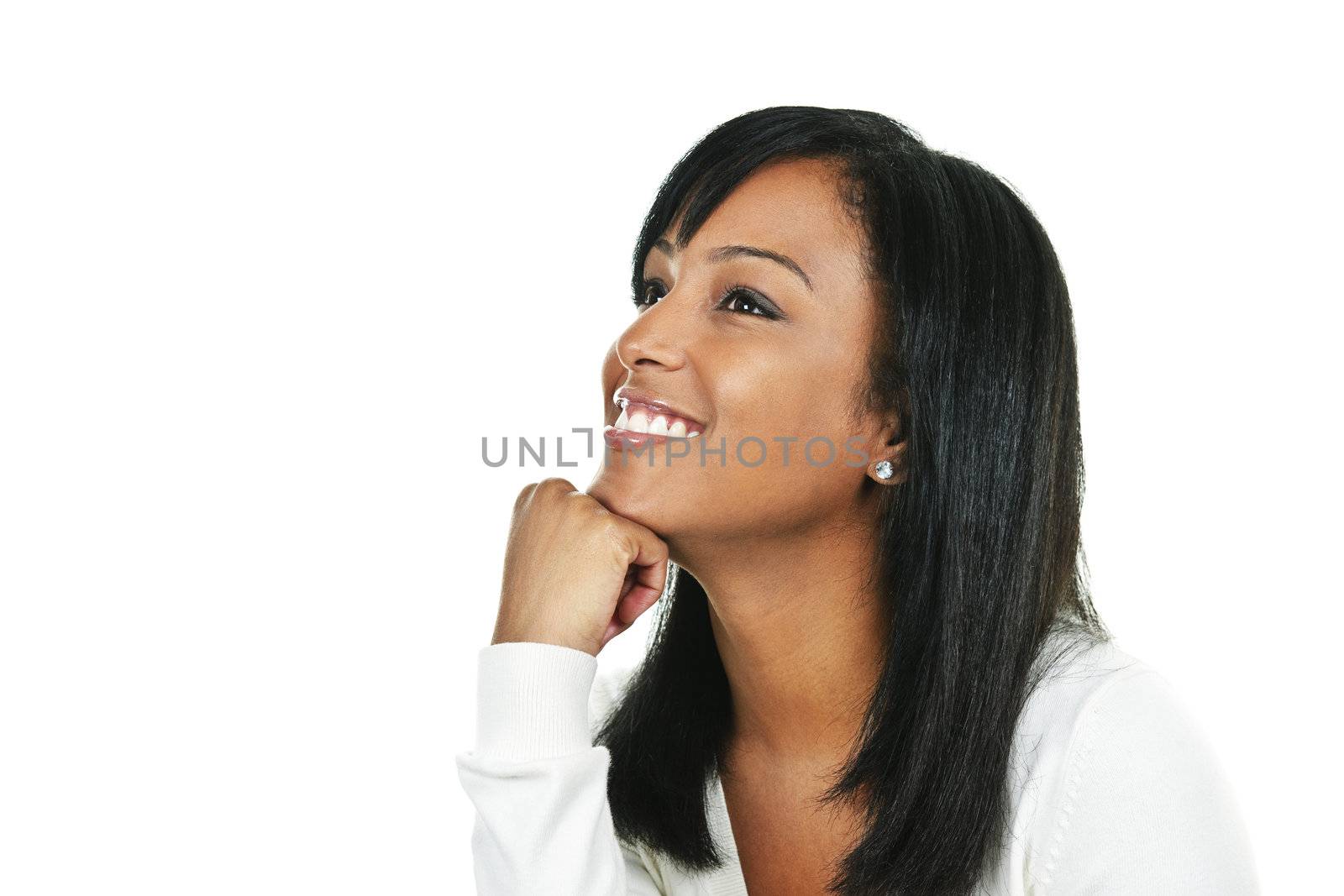 Smiling black woman looking up portrait isolated on white background