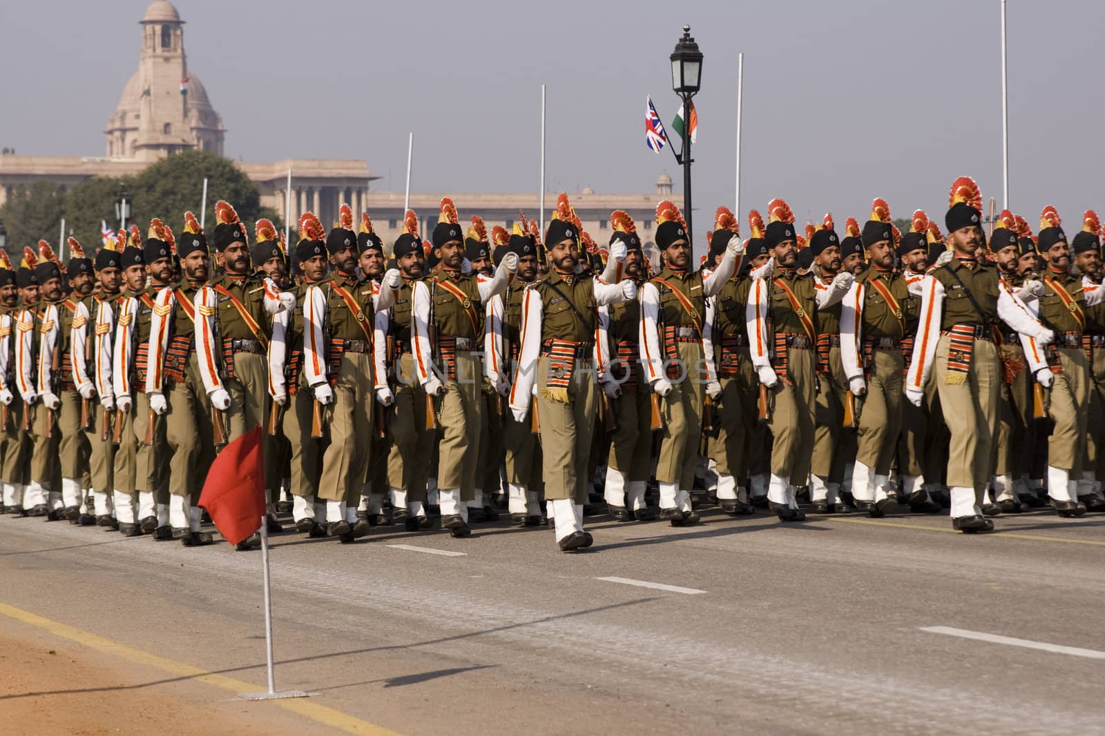 Soldiers parading down the Raj Path in preparation for the Republic Day Parade, New Delhi, India