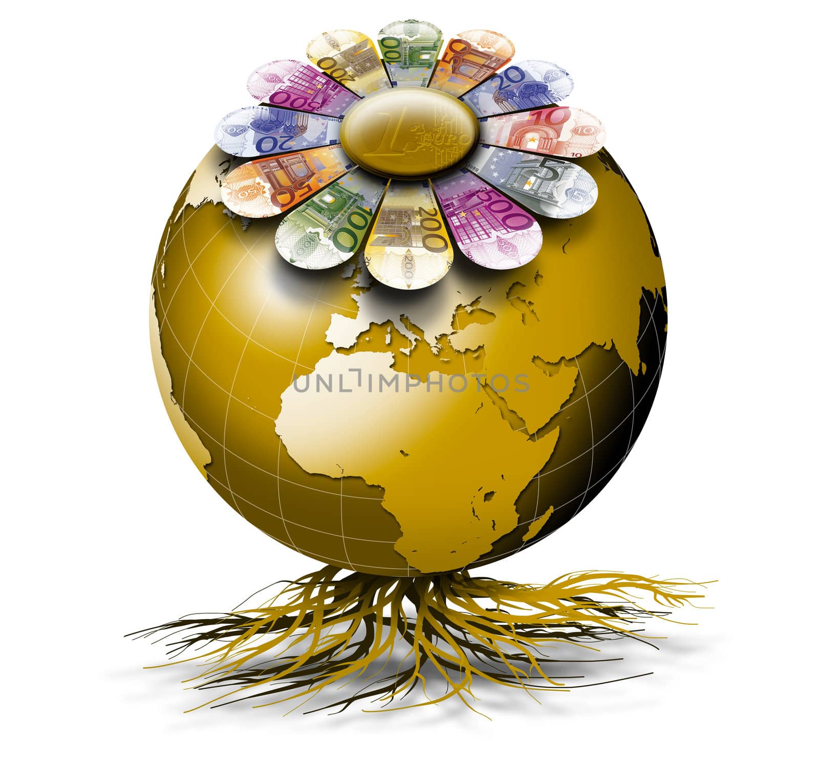 Illustration world gold colored roots and flower petals of money euro