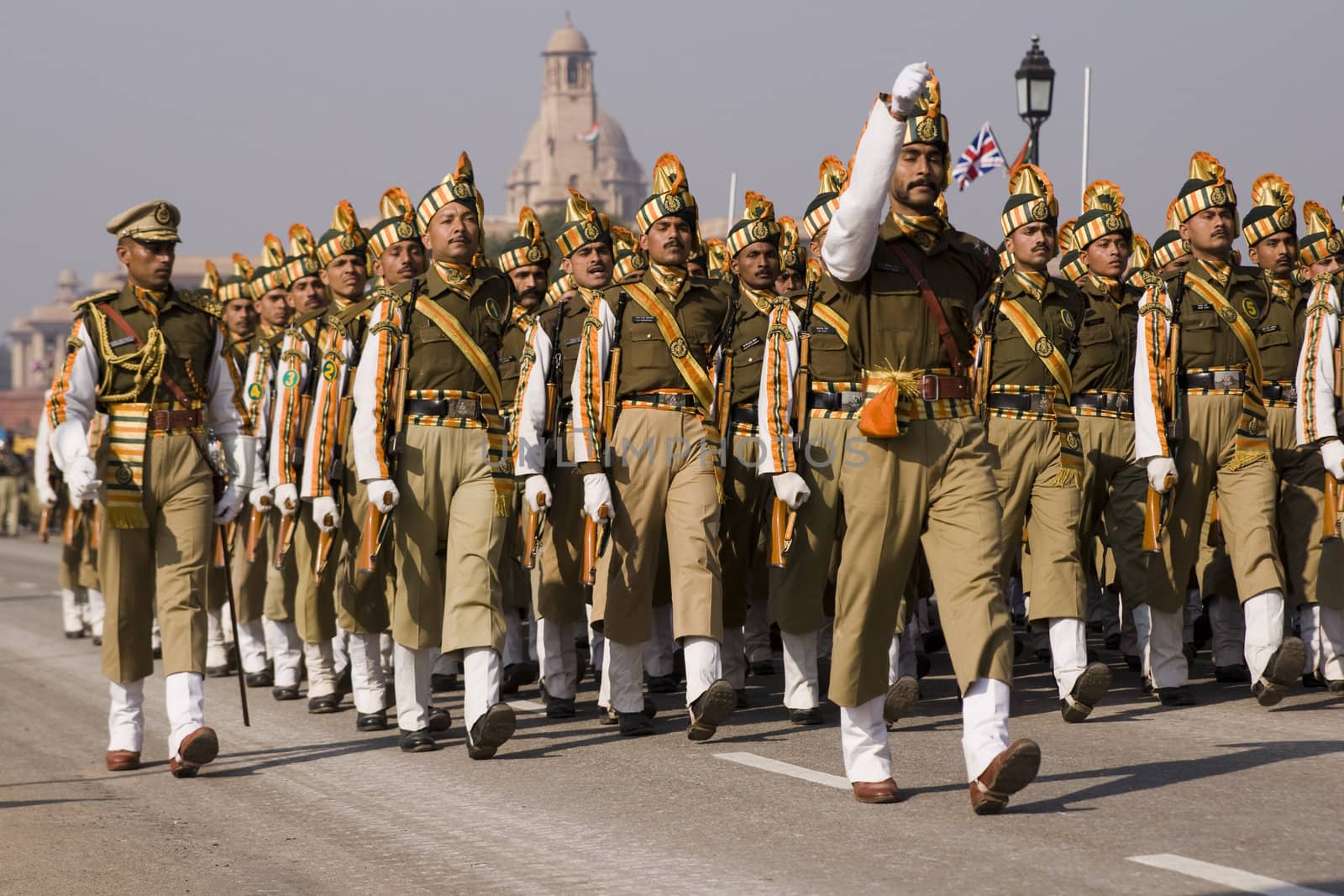 Soldiers parading down the Raj Path in preparation for the Republic Day Parade, New Delhi, India