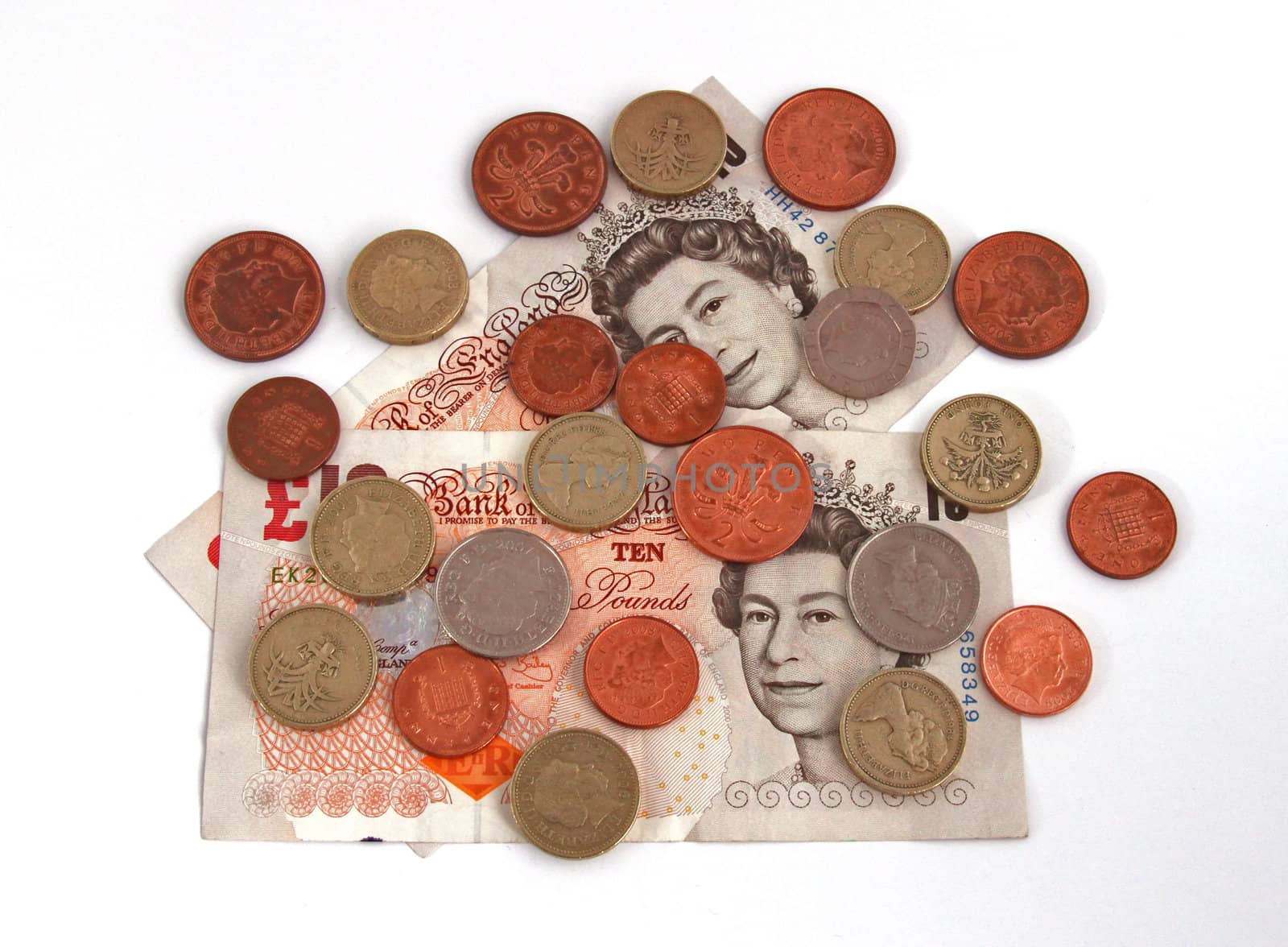 British (uk) currency on a plain background.