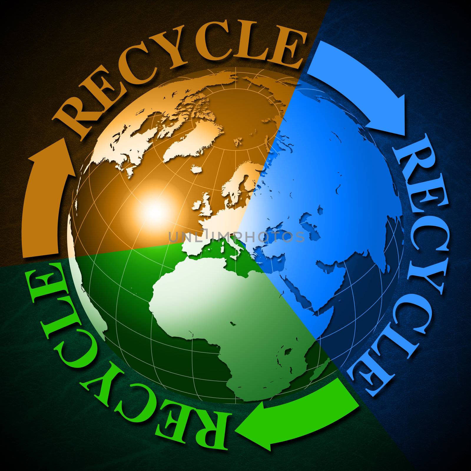 3d recycling symbol with Earth globe divided in 3 colors and the word recycle
