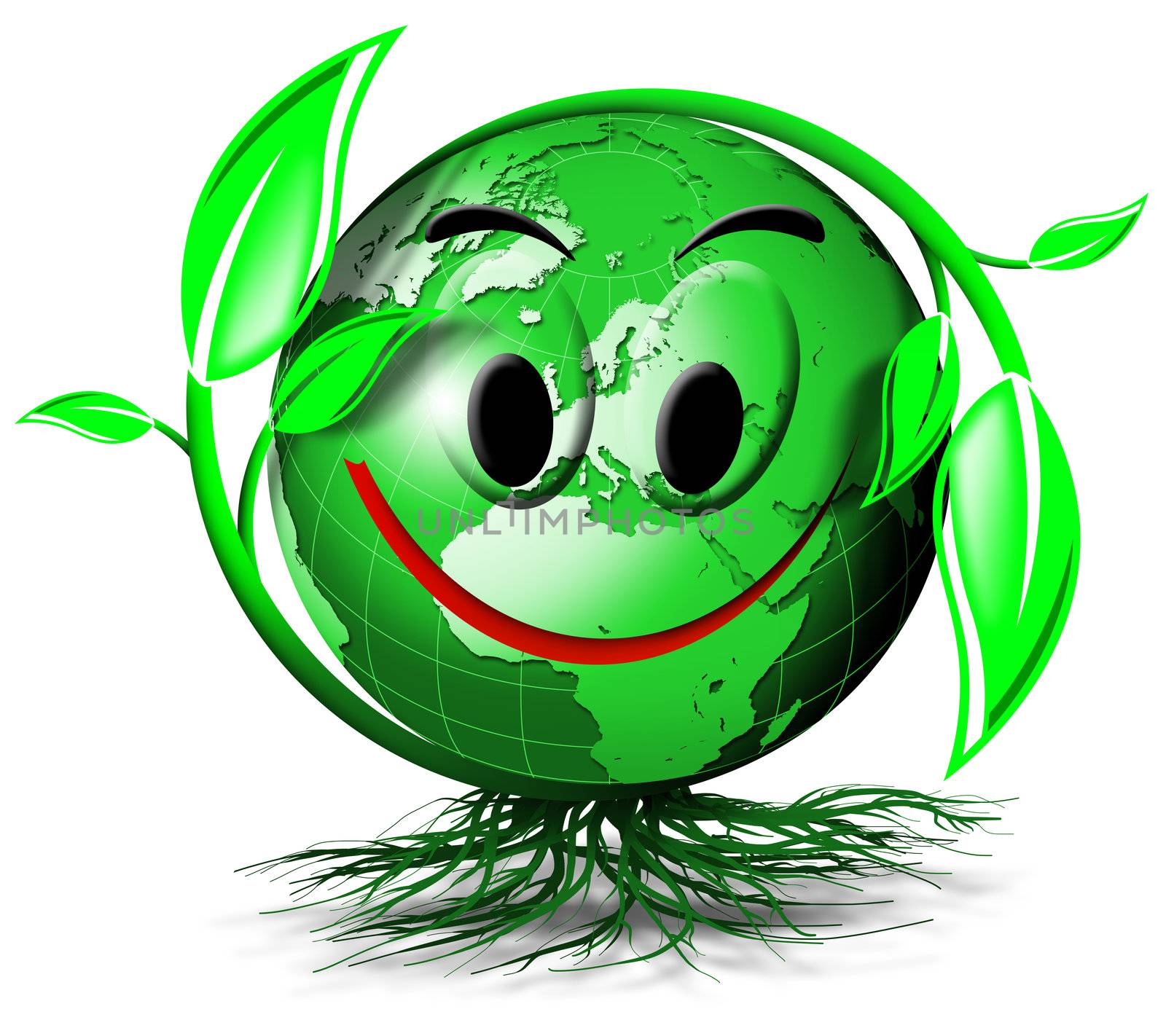 Illustration with green terrestrial globe with eyes and smile, branches, leaves and roots