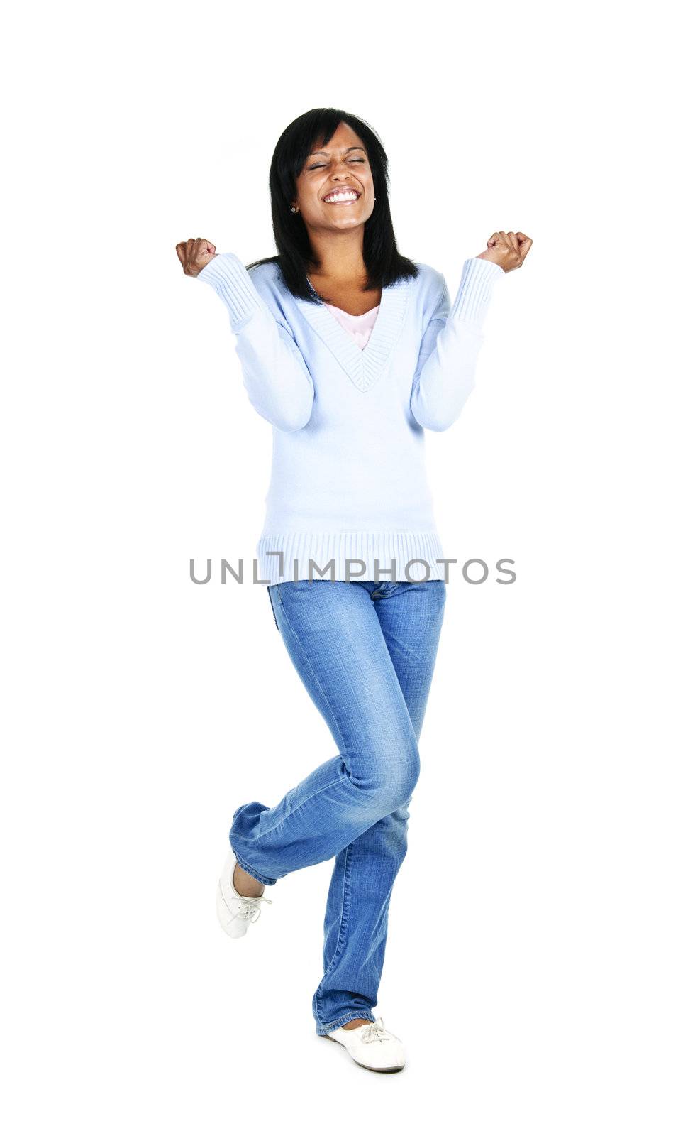 Excited black woman with eyes closed isolated on white background