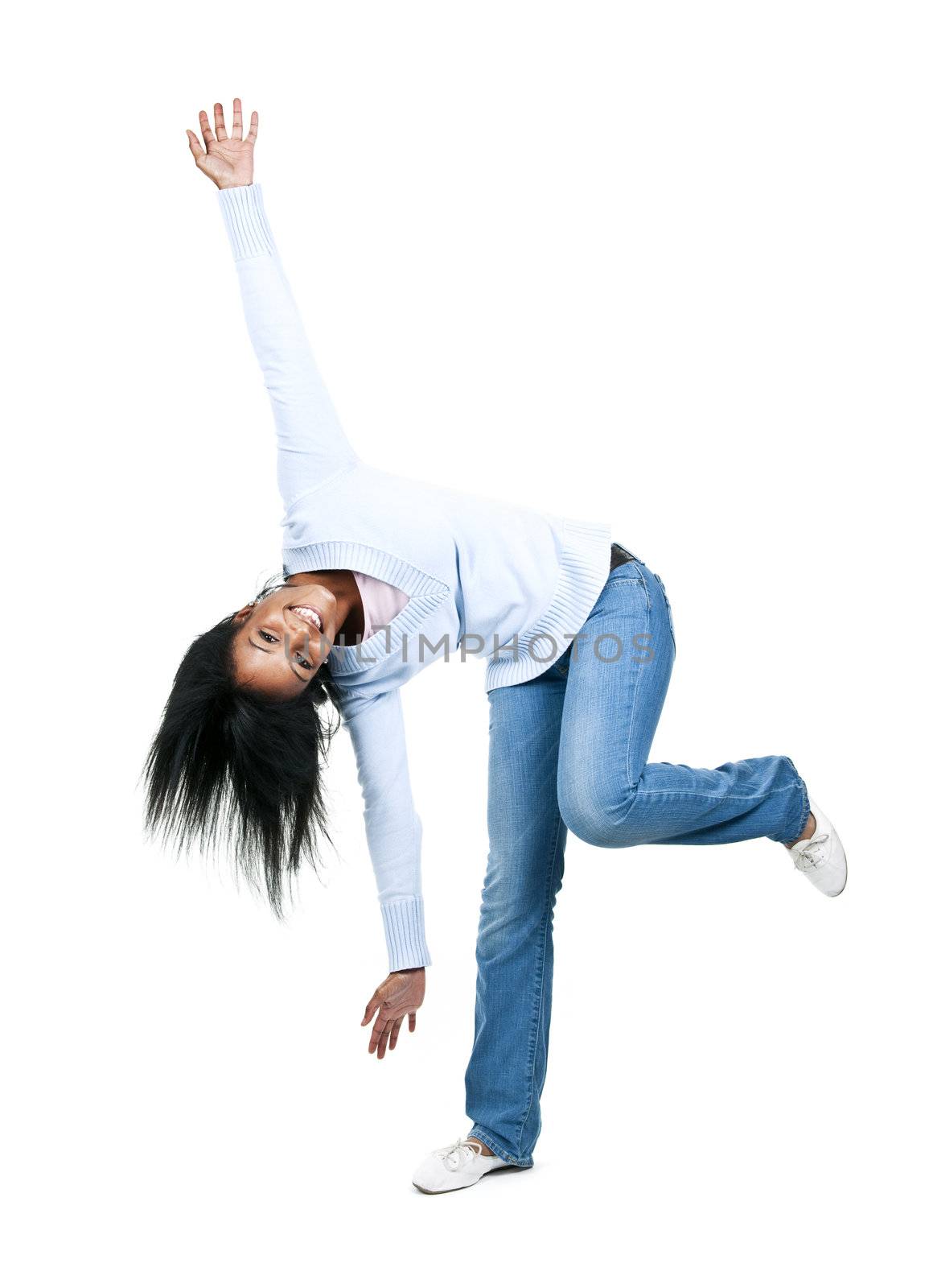 Playful black woman isolated on white background