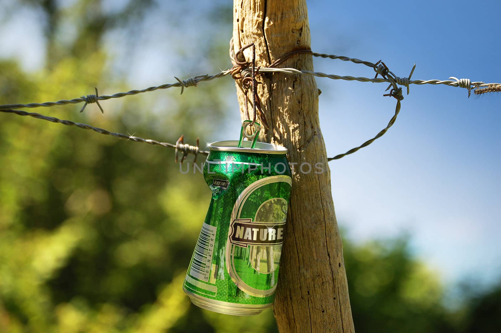 Green can with writing natures, suspended to a boned thread