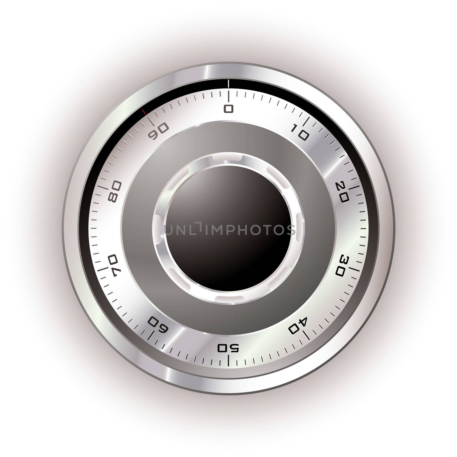 Silver safe dial with white background and light reflection