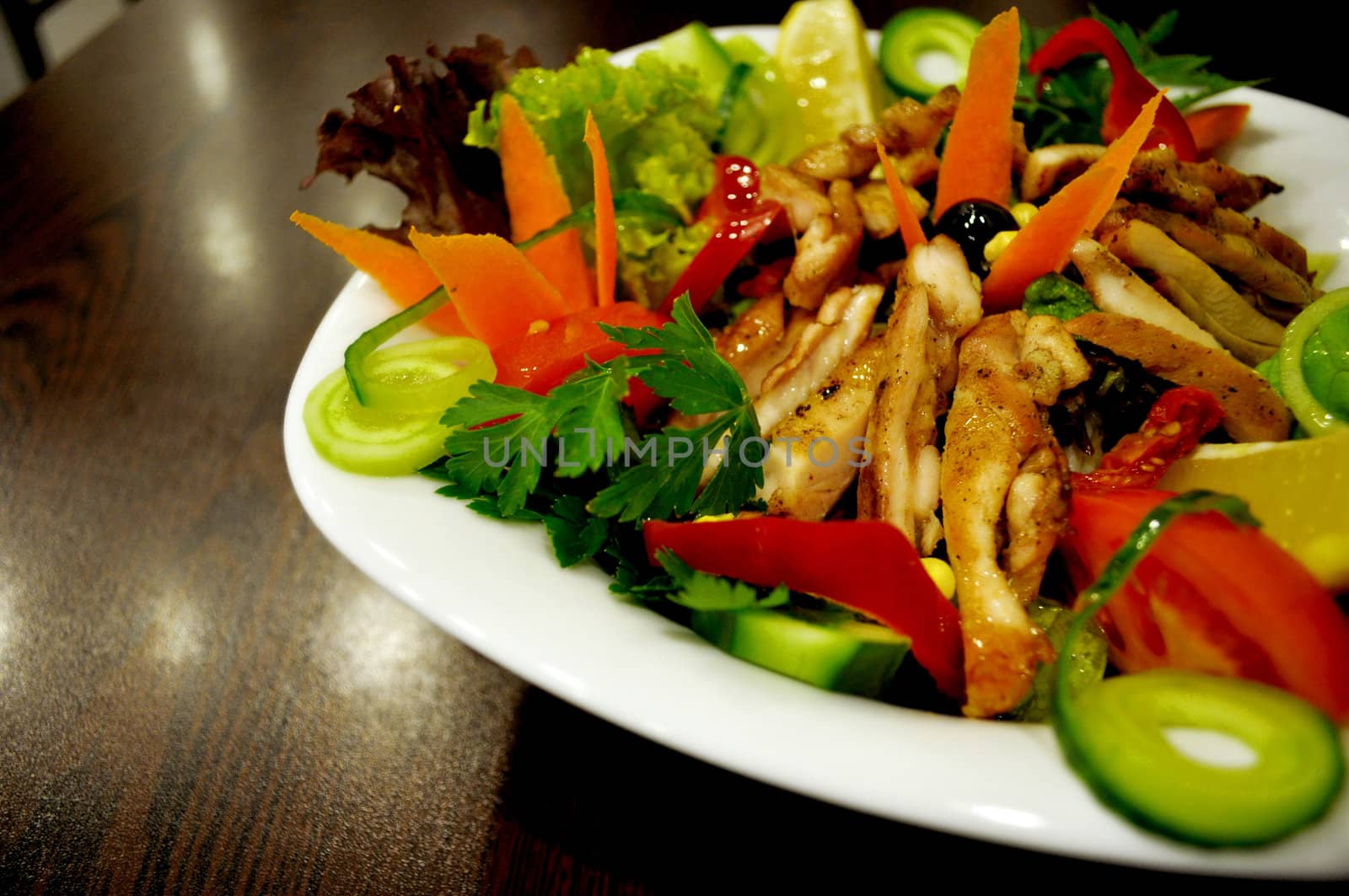 A macro shot of a delicious diet chicken salad