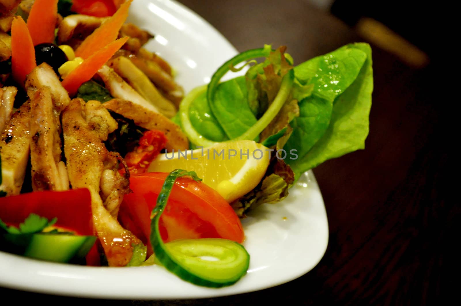 A macro shot of a delicious diet chicken salad