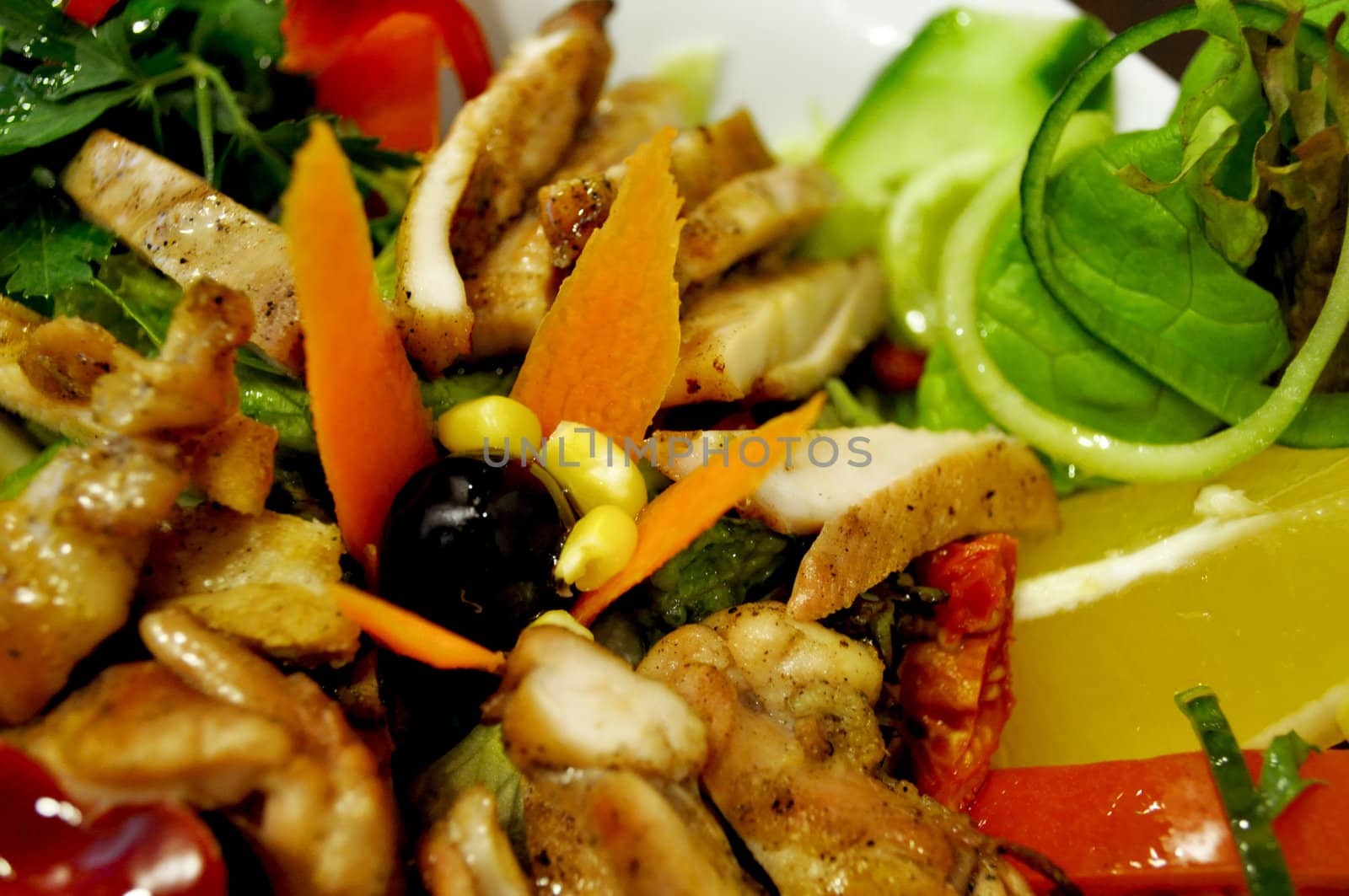 A macro shot of a delicious diet chicken salad