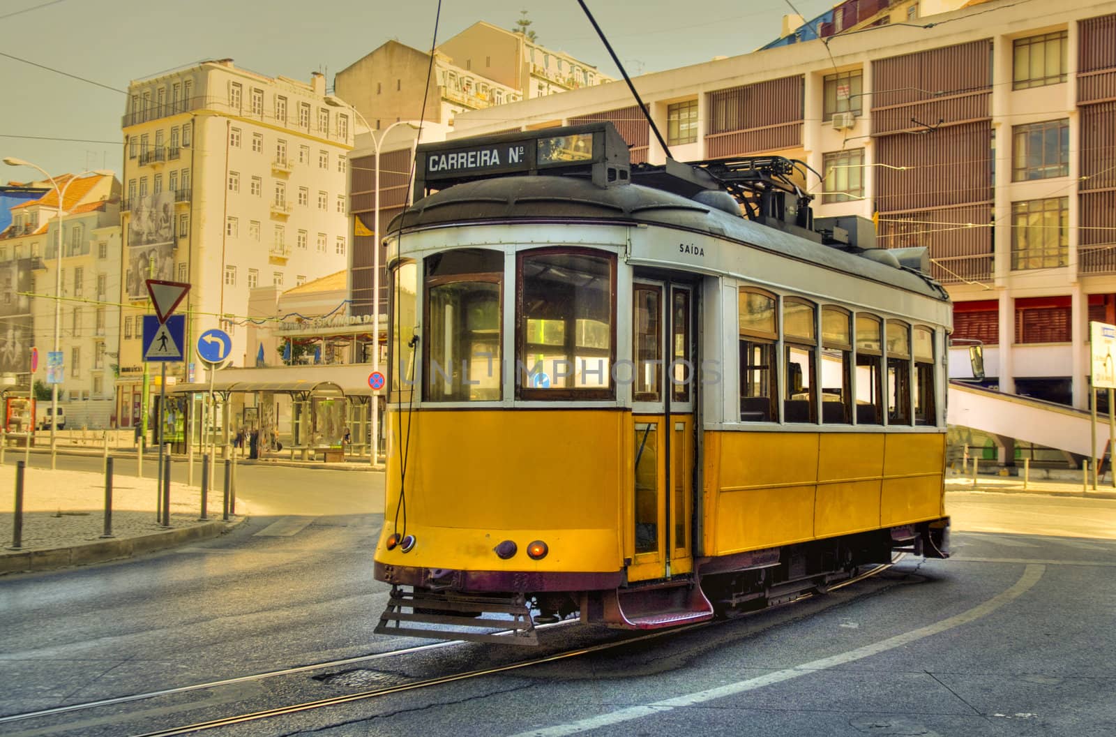 An old style trolley car at the end of the line in Lisbon, Portugal