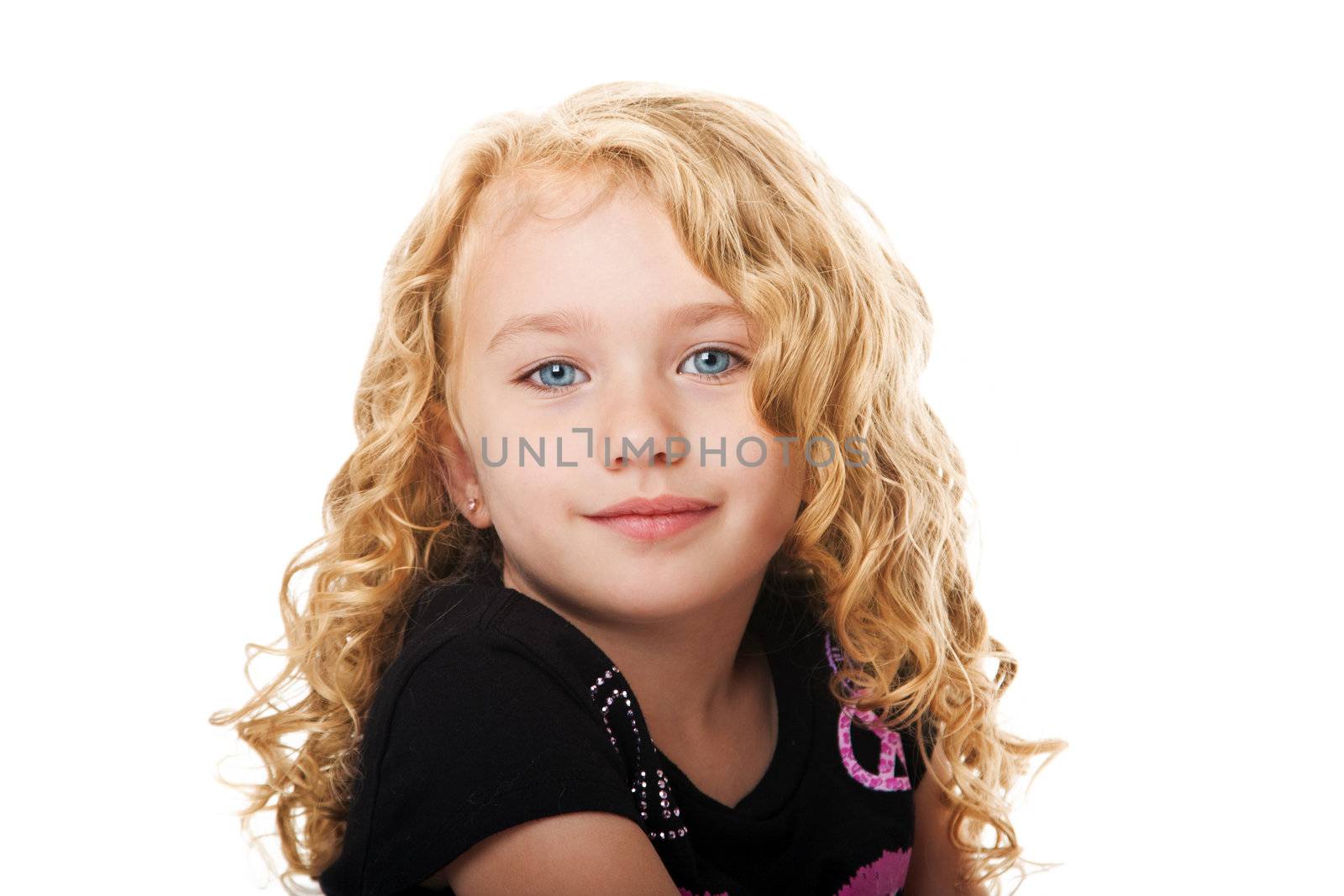 Beautiful happy smiling face of a young girl with golden blond hair and blue eyes, isolated.