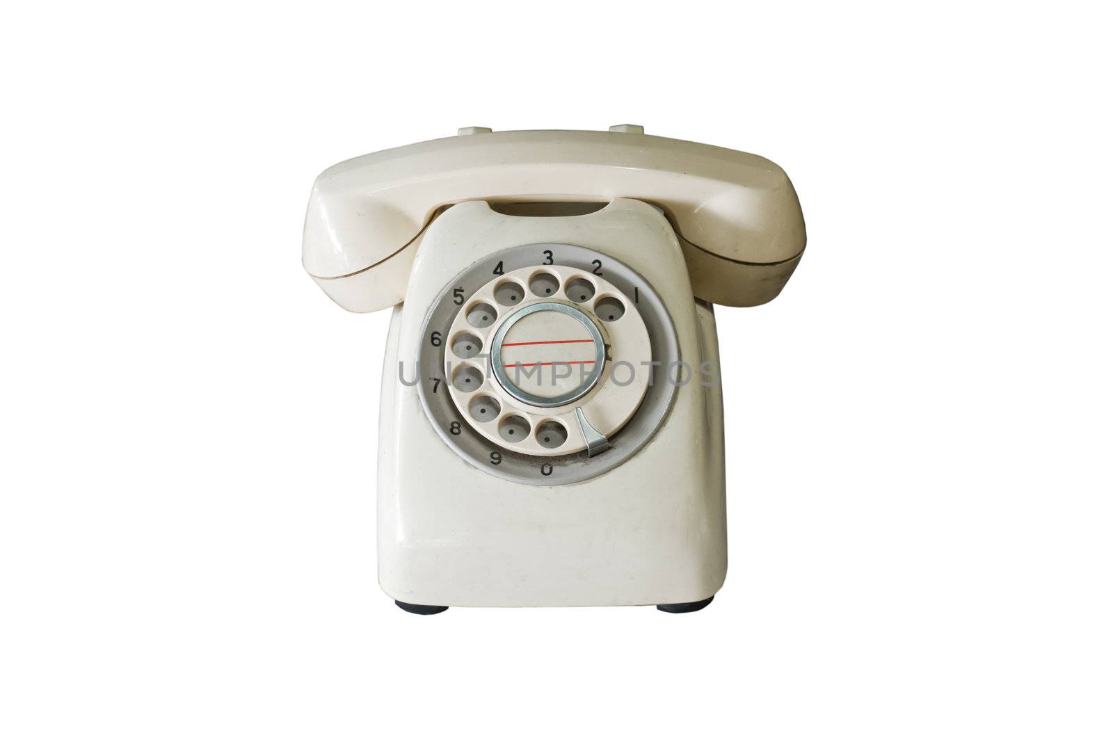 Retro telephone with a disk for number set on white background