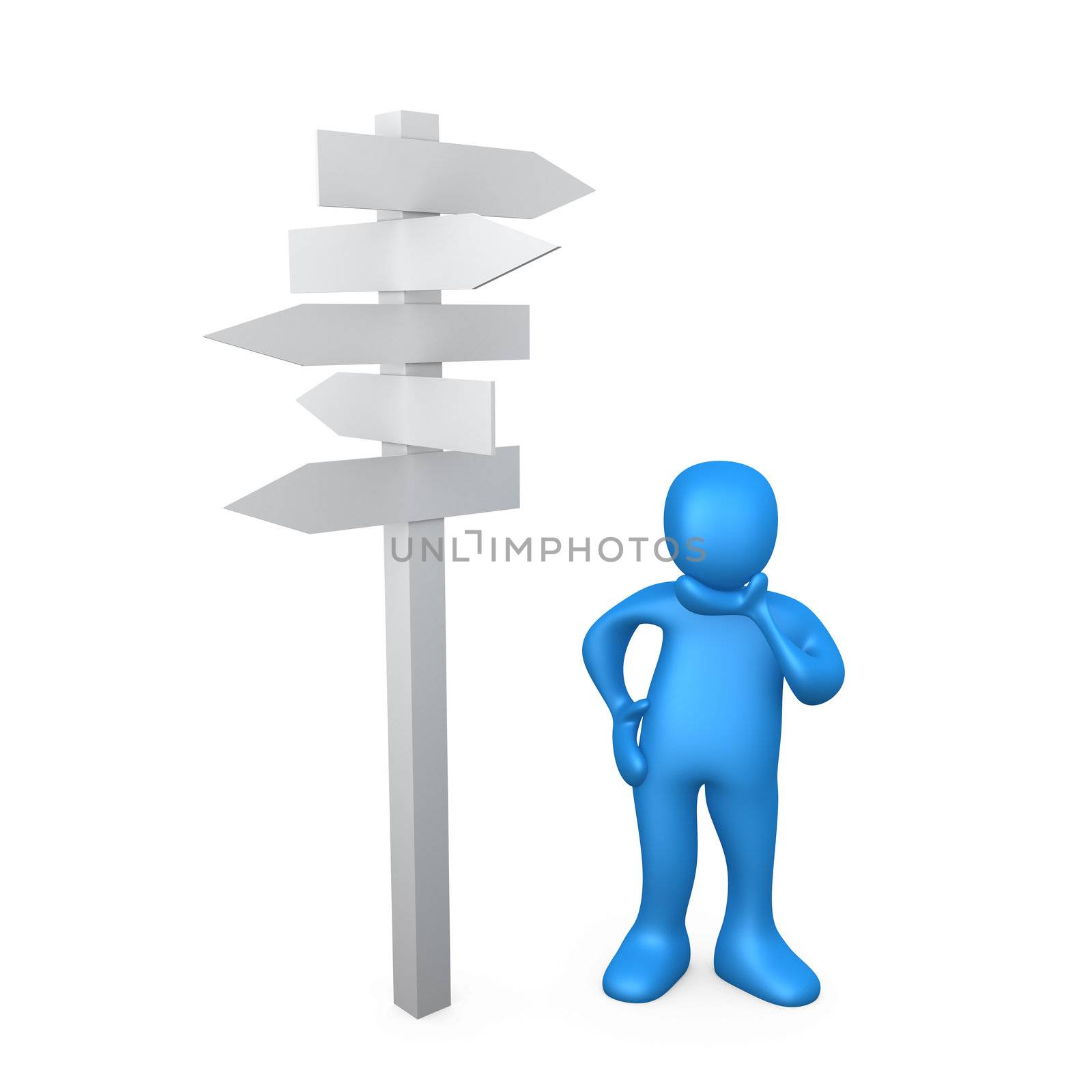 3d person standing next to multiple arrow signs, wondering.