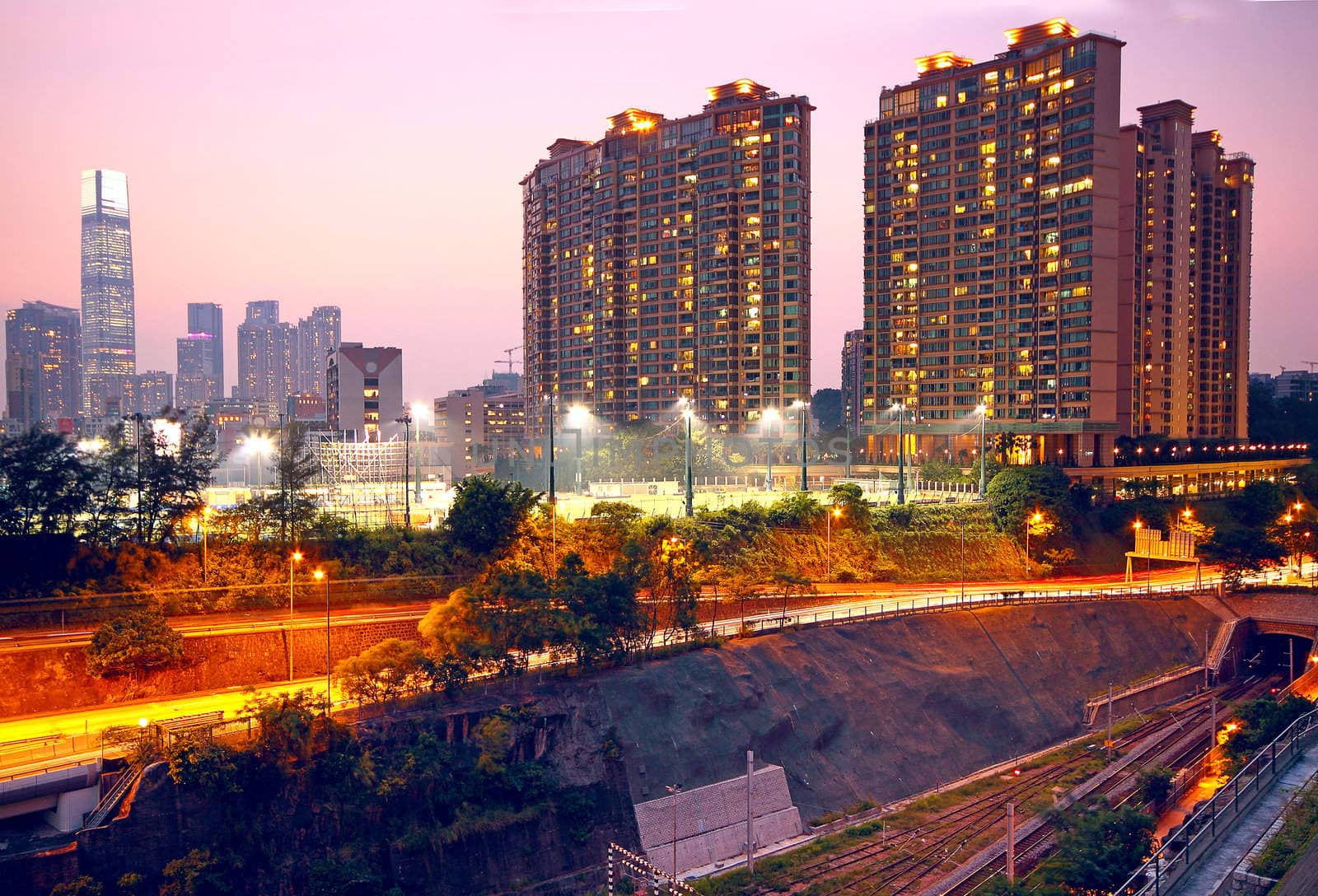sunset in downtown city