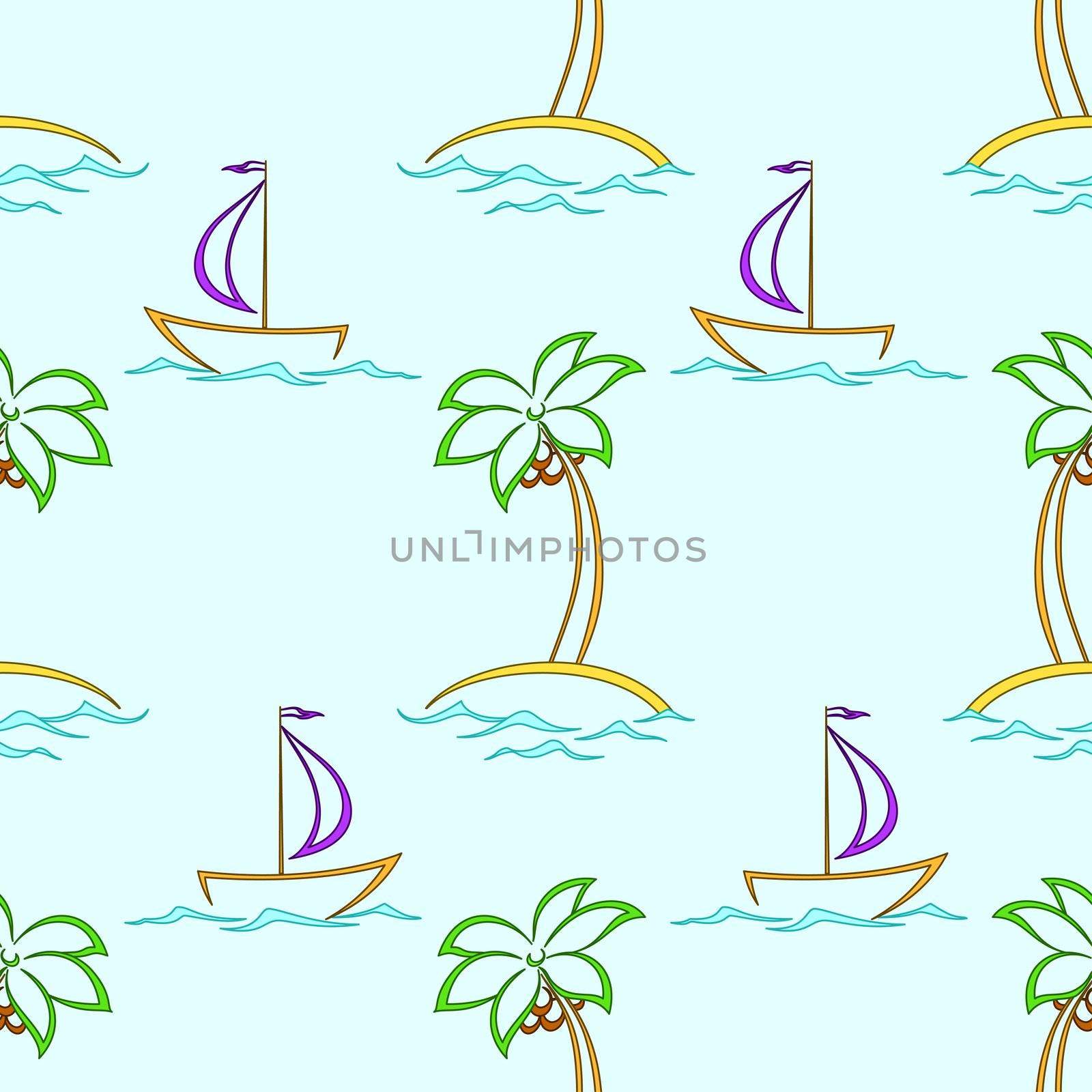 seamless background, contours: sea, islands with palm trees and sailing ships